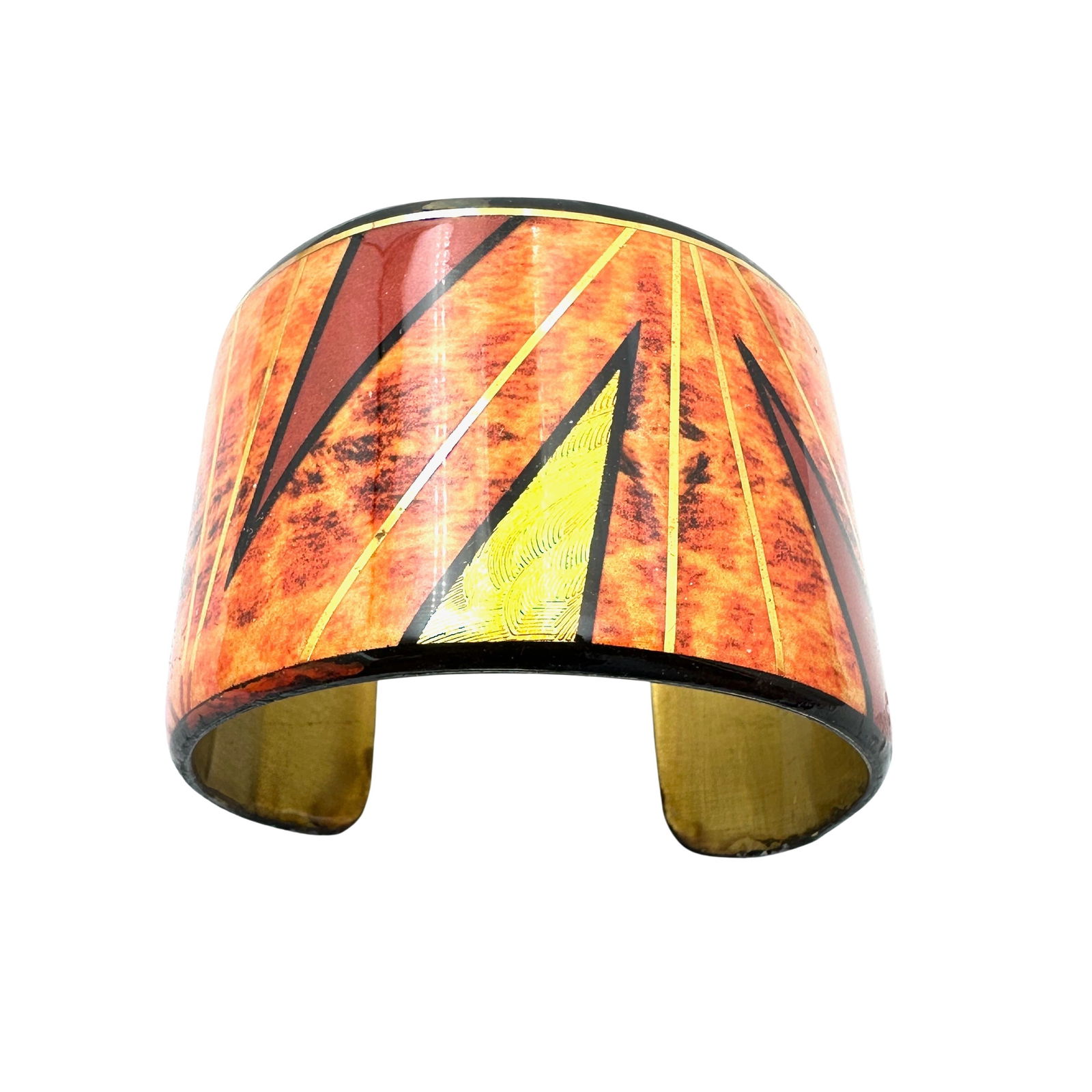 Artisan John Crutchfield Orange Black Enamel Wide Gold Tone Cuff Bracelet (1 of 3)