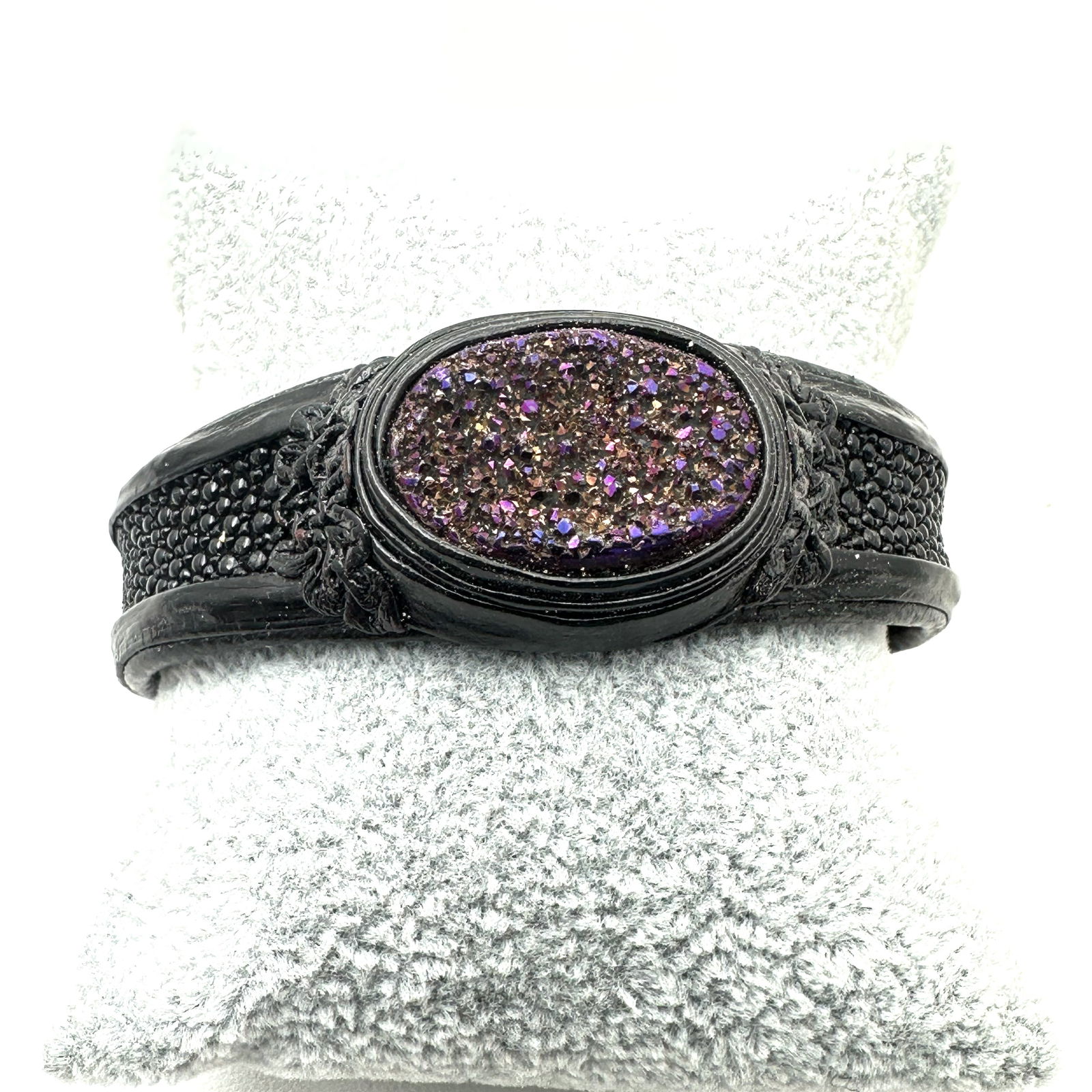 Vintage Artisan Drusy Quartz Black Leather Cuff Bracelet (1 of 2)