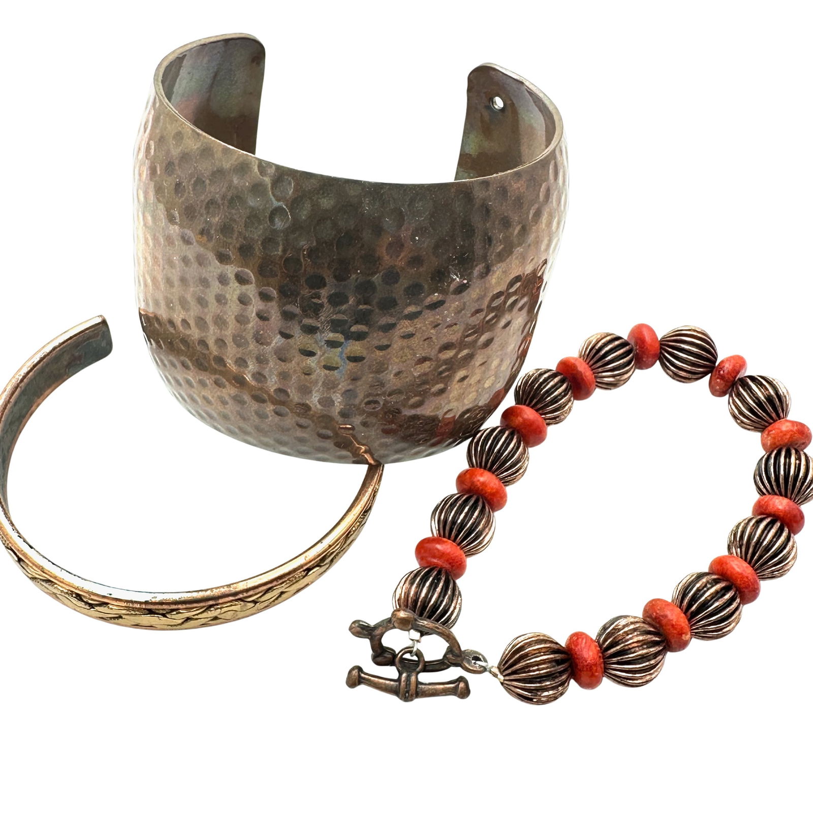 Vintage Jewelry Group Large Wide Copper Hammered Cuff Beaded Toggle Bracelet And Braided Cuff (1 of 2)