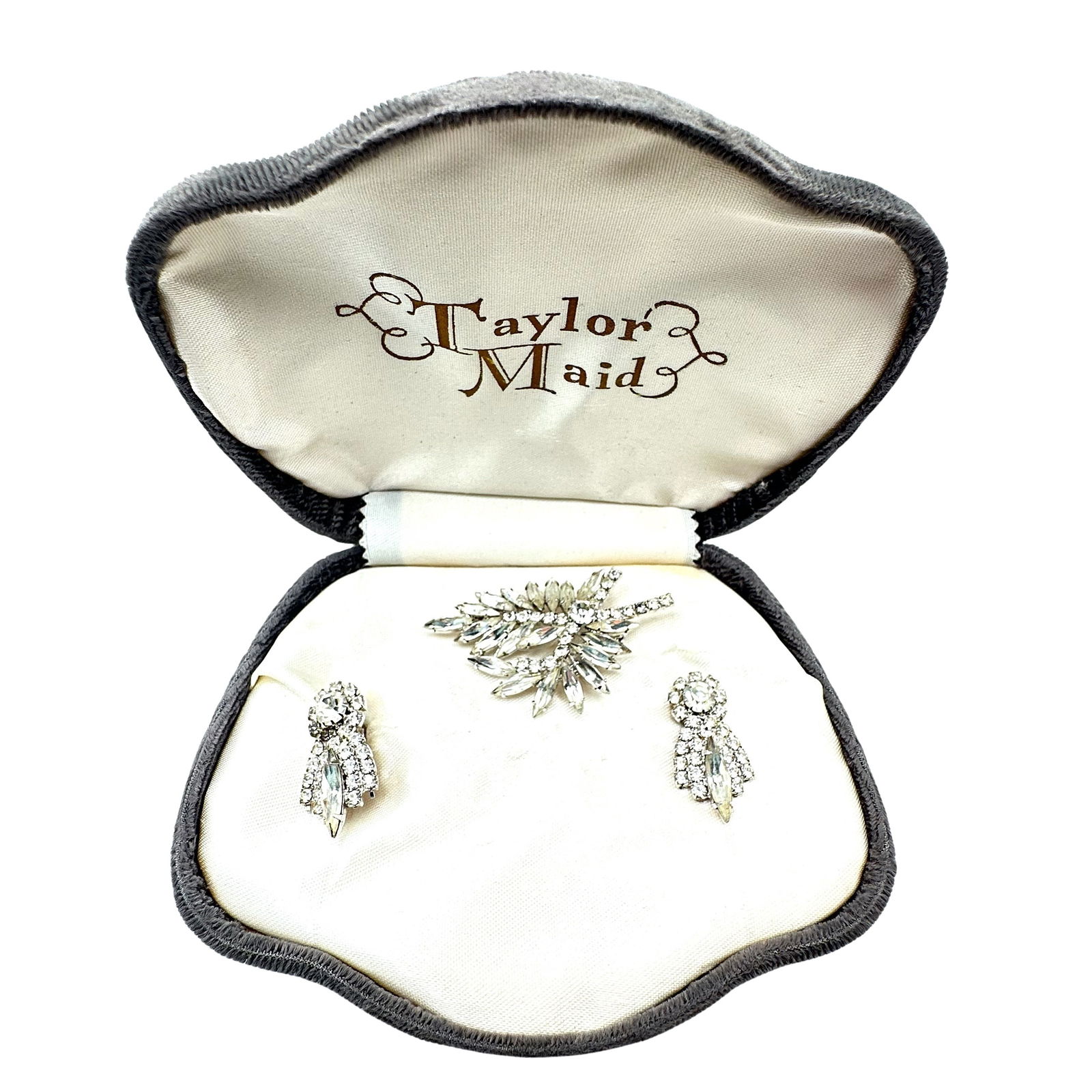 Taylor Maid Clear Rhinestone Brooch and Clip Earrings in Original Velvet Box (1 of 2)