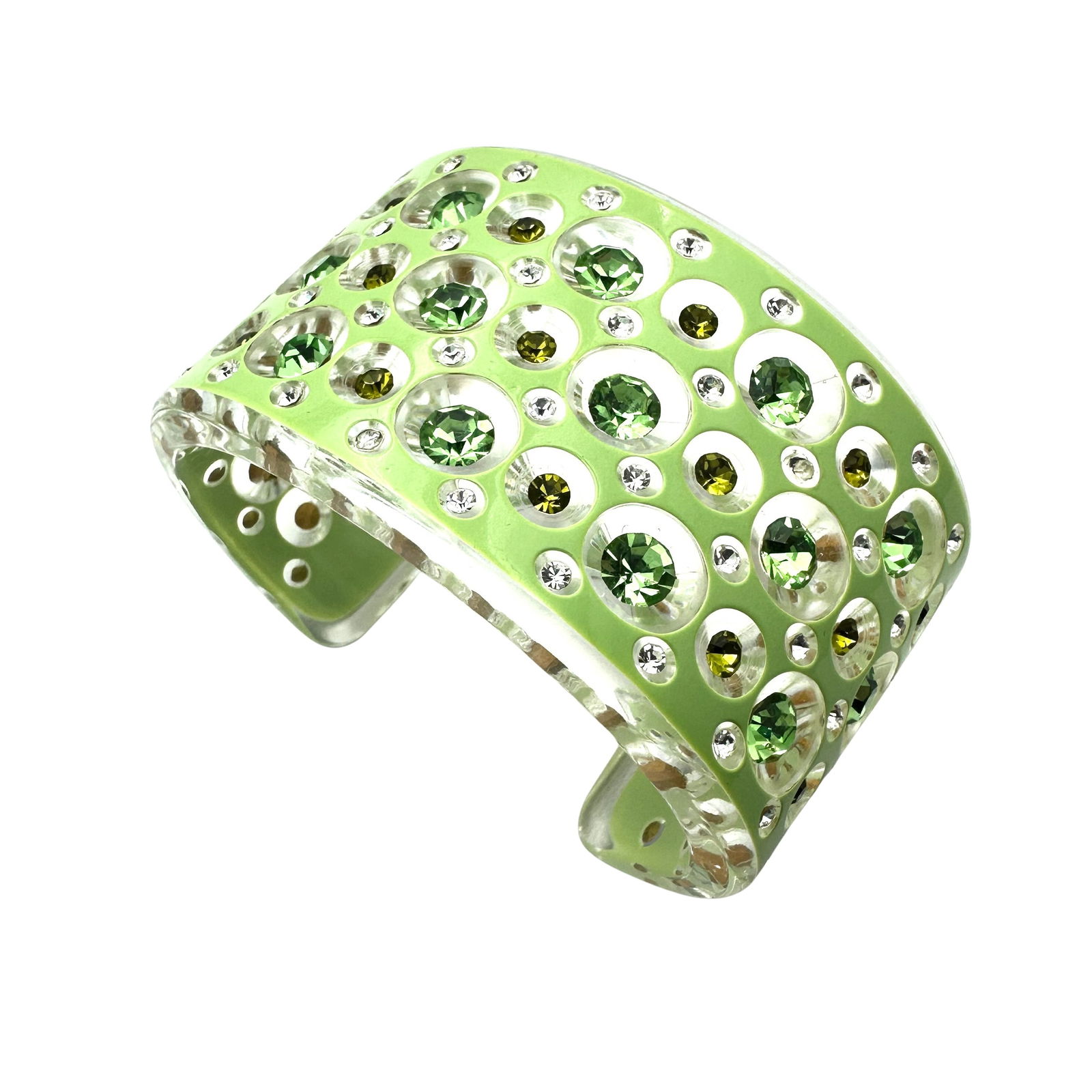 Vintage Retro Green Lucite and Rhinestone Wide Cuff Bracelet (1 of 2)