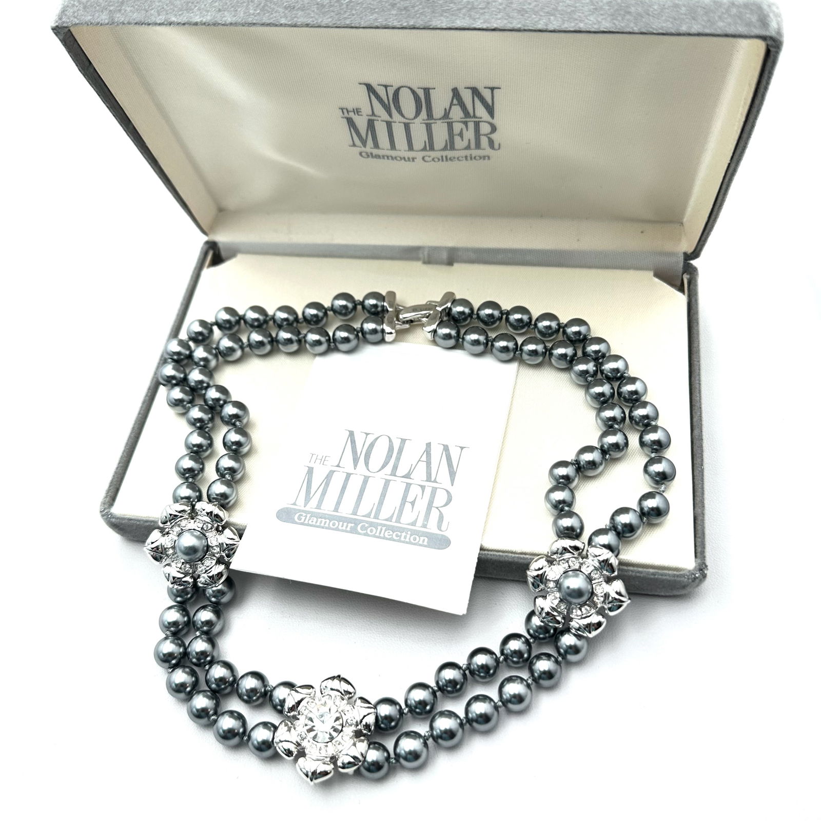 Vintage Nolan Miller Black Faux Glass Pearl Clear Rhinestone Silver Tone Necklace in Original Box: Vintage Nolan Miller Black Faux Glass Pearl Clear Rhinestone Silver Tone Necklace in Original Box