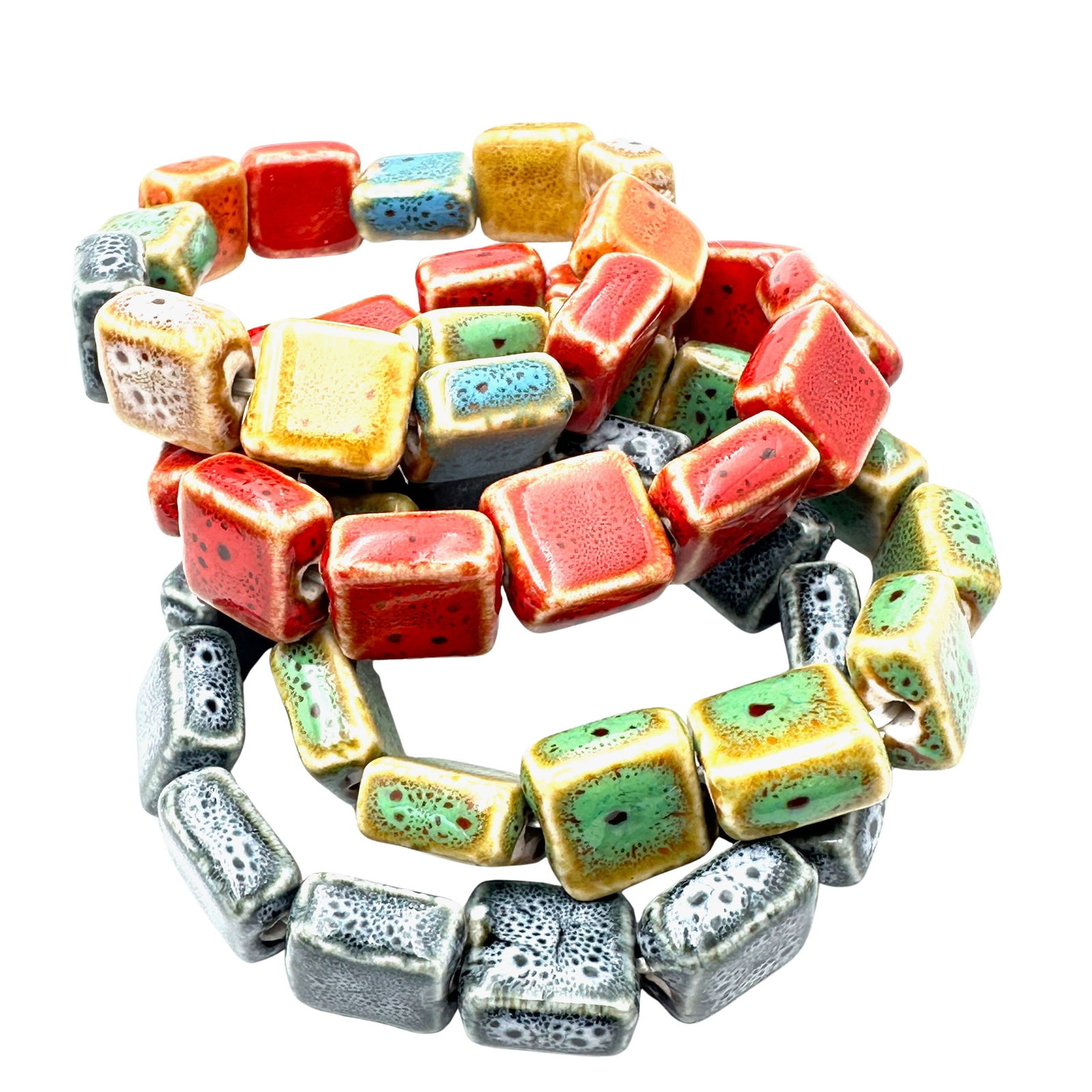 Vintage Jewelry Group Multicolor Pottery Ceramic Stackable Square Bead Bracelets (1 of 2)