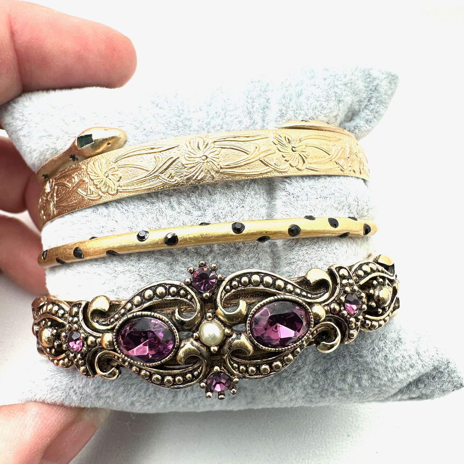Vintage Jewelry Group Gold Tone Bracelets Purple Rhinestone Snake Design Stackable (1 of 2)