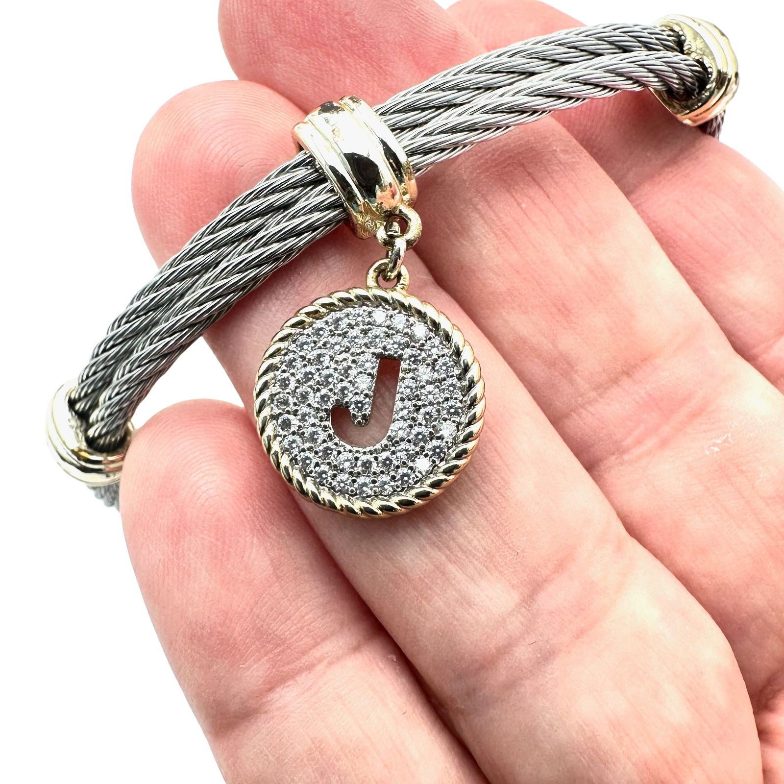 Silver Tone Bangle Bracelet Initial "J" Charm - 2