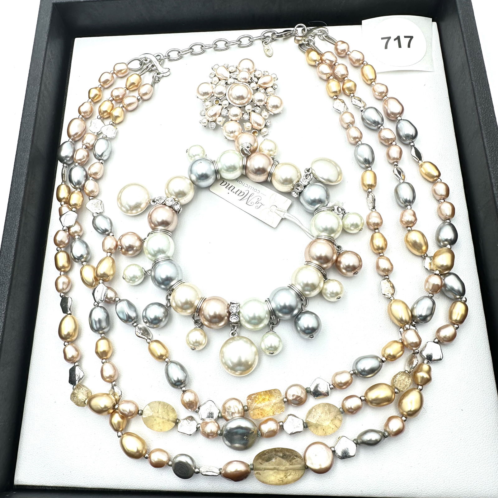 Vintage Jewelry Group Faux Glass Pearl Silver Tone Multi Strand Necklace Charm Bracelet Brooch (1 of 2)