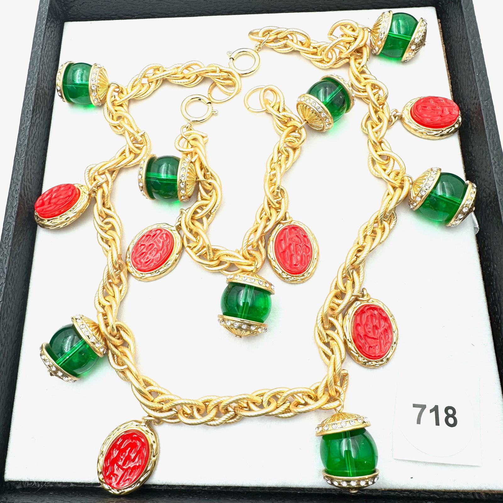 Vintage Jewelry Group Red Green Glass Charm Bracelet and Necklace Matte Gold Tone (1 of 2)