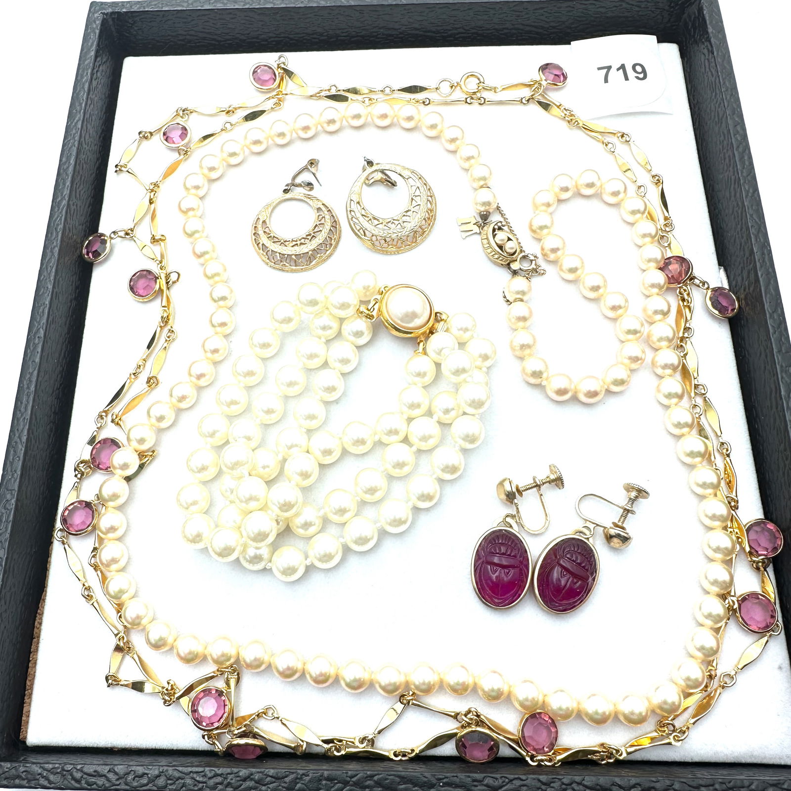 Vintage Jewelry Group Purple Crystal Bezel Necklace Majorica Pearl Necklace Scarab Earrings Gold: Vintage Jewelry Group Purple Crystal Bezel Necklace Majorica Pearl Necklace Scarab Earrings Gold Tone