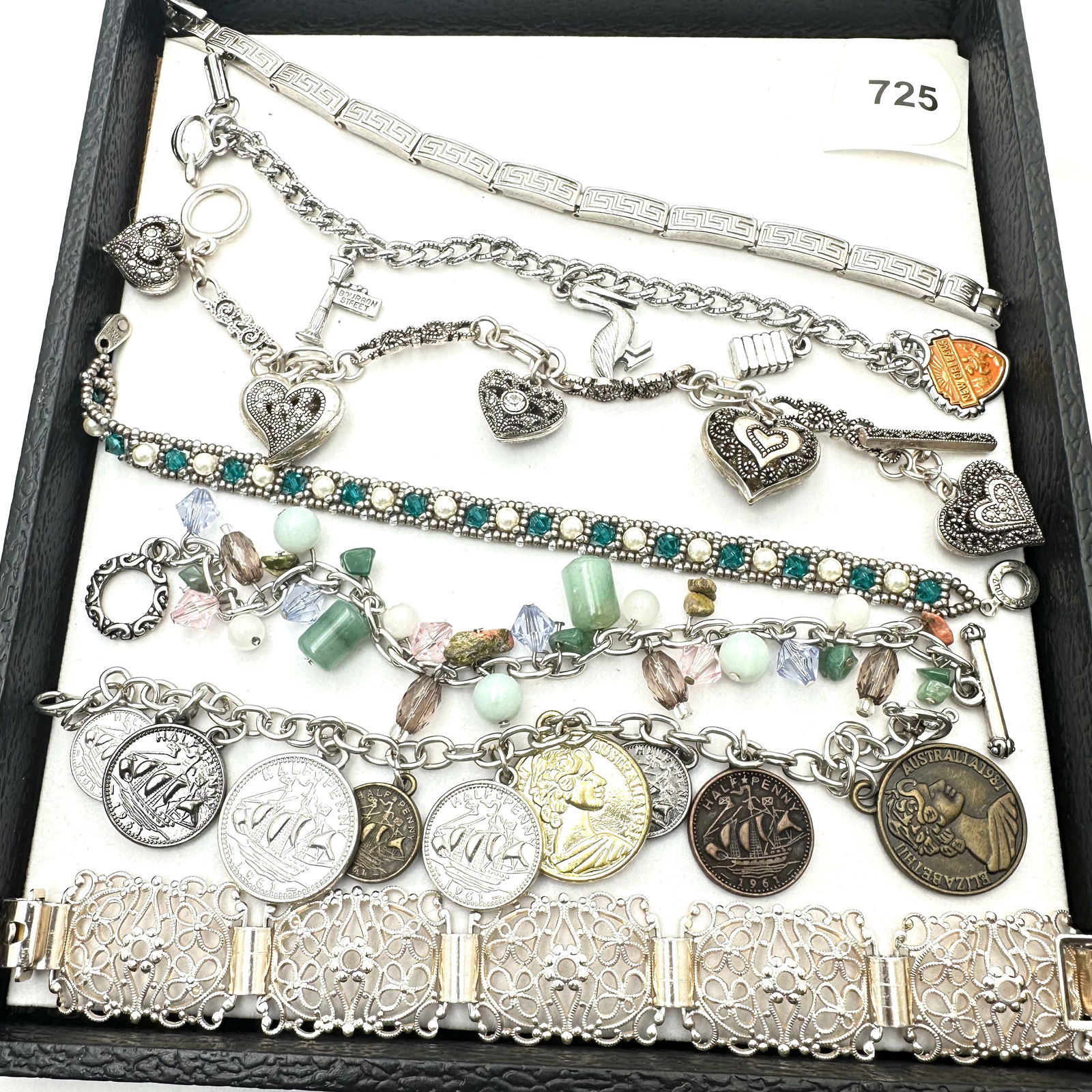 Vintage Jewelry Group Silver Tone Greek Key Design Charms Coins and More: Vintage Jewelry Group Silver Tone Greek Key Design Charms Coins and More