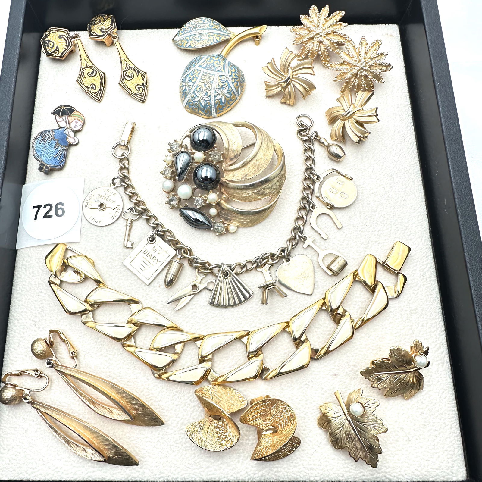 Vintage Jewelry Group Damascene Brooch Clip Earrings Trifari Earrings Charm Bracelet Napier Enamel (1 of 2)