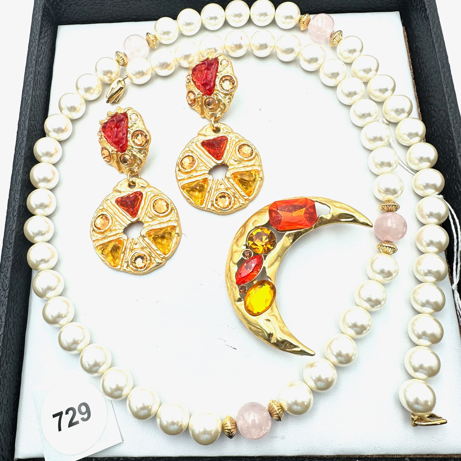 Jewelry Group Matte Gold Tone Clip Earrings Moon Brooch Faux Pearl Necklace (1 of 2)