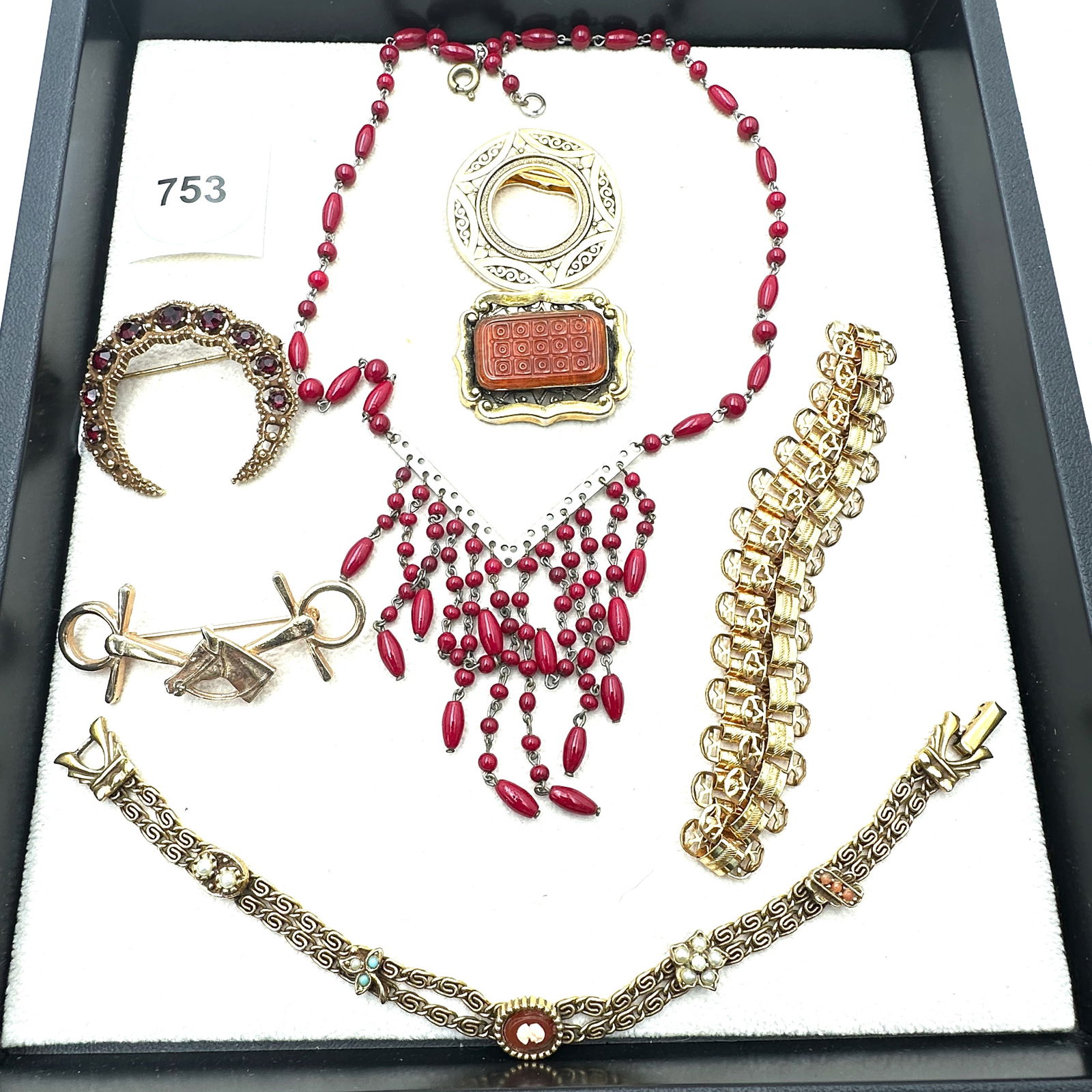 Vintage Jewelry Group Goldette Bracelet Red Czech Glass Necklace Brooches Pins (1 of 2)