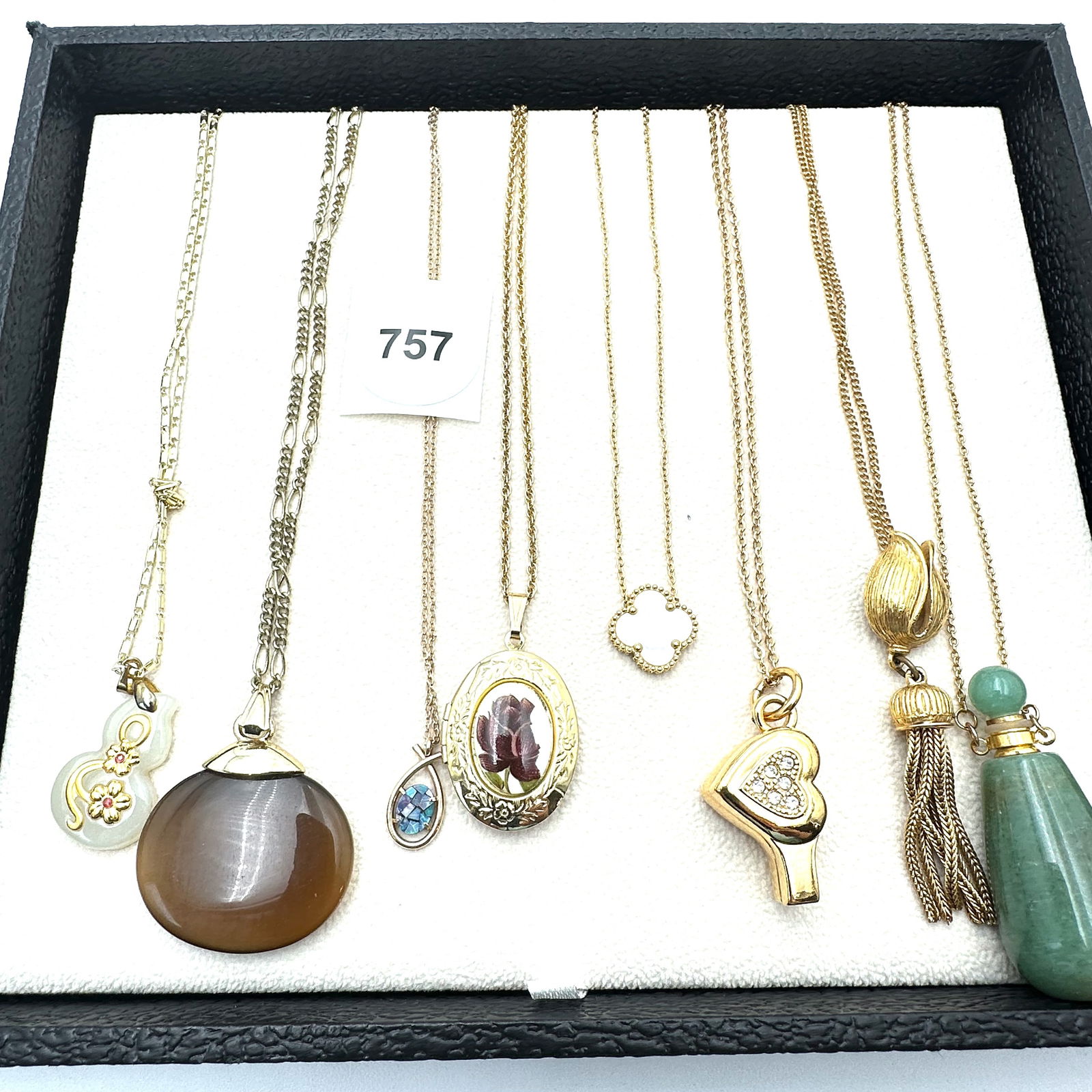 Vintage Jewelry Group Gold Tone Pendant Necklaces Jade Perfume Pendant Heart Whistle Locket and More (1 of 2)