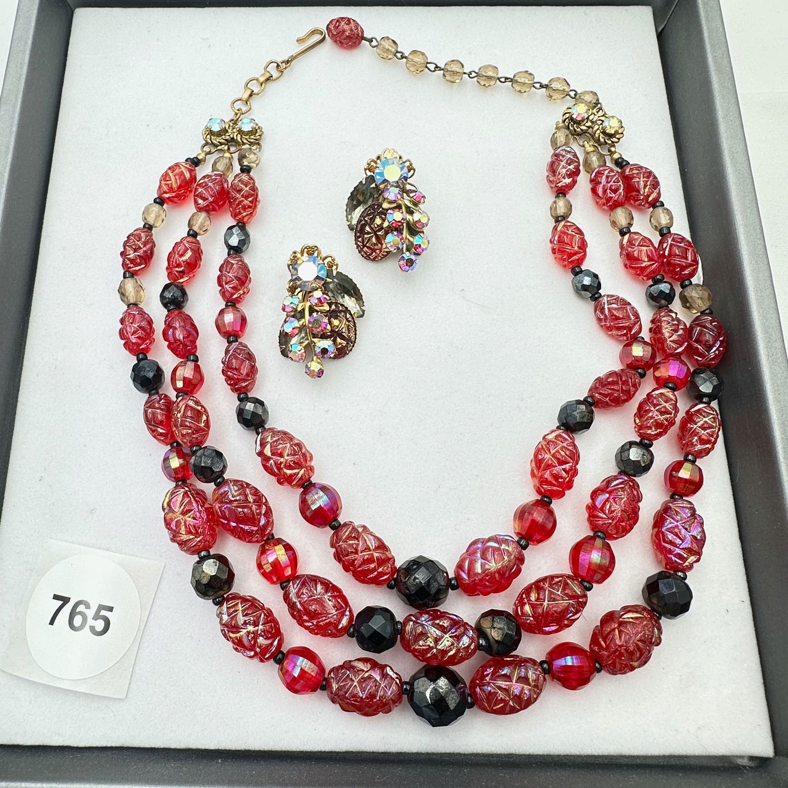 Vintage Jewelry Group Aurora Borealis Red Glass Necklace Beau Jewels Rhinestone Clip Earrings (1 of 2)