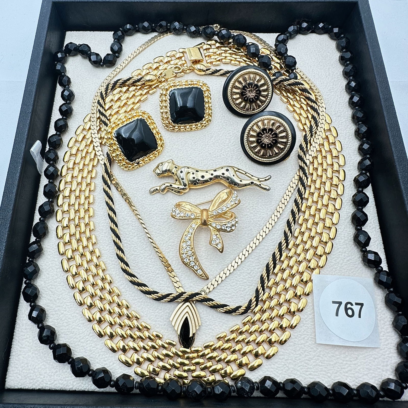 Vintage Jewelry Group Black Glass Beads Wide Gold Tone Chain Necklace Crown Mark Clip Earrings (1 of 2)