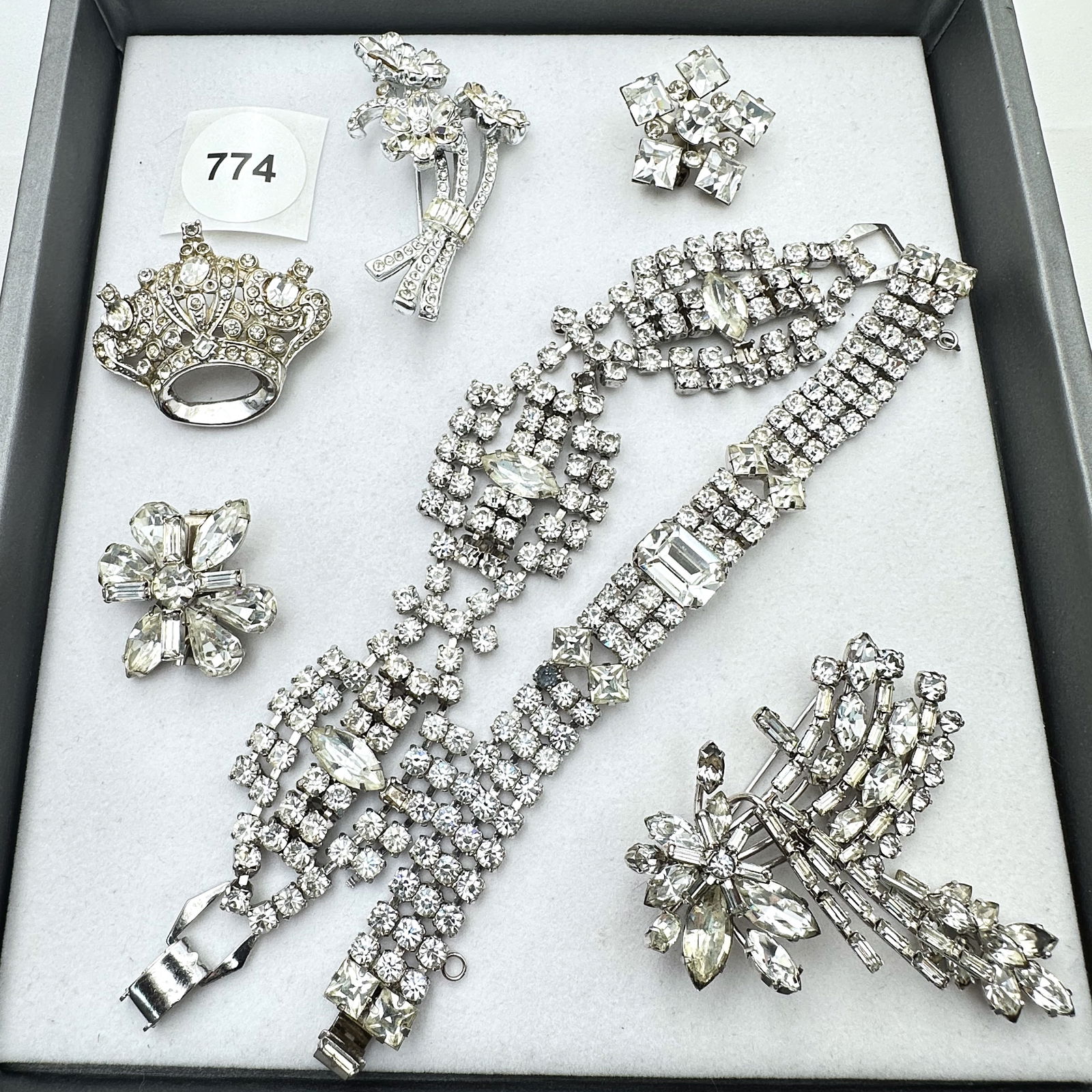 Vintage Jewelry Group Clear Glass Rhinestones Silver Tone Brooches and Bracelets (1 of 2)