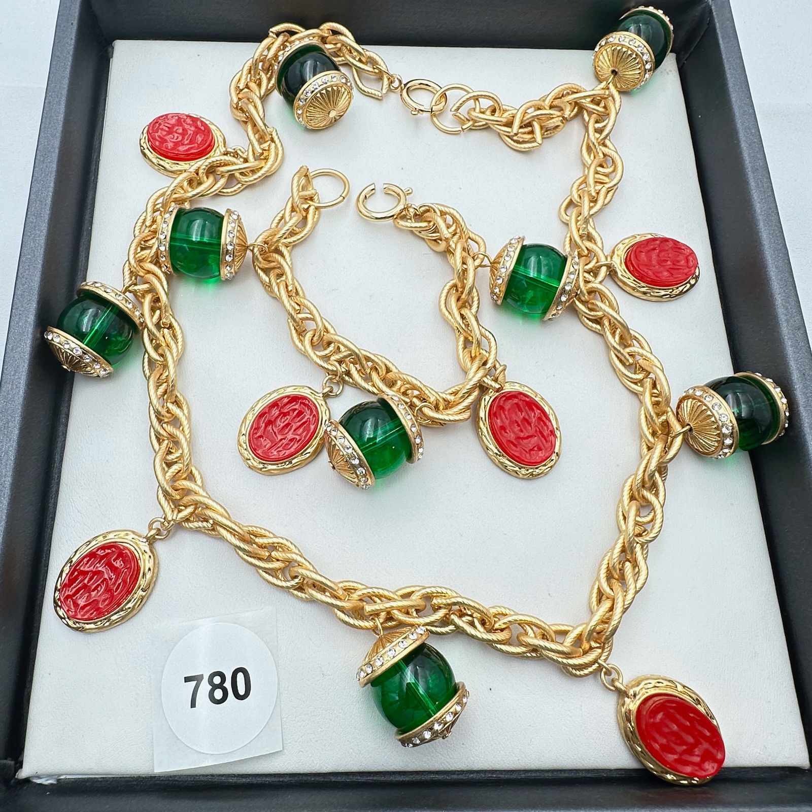 Vintage Jewelry Group Red Green Glass Charm Clear Rhinestone Matte Gold Tone Necklace and Bracelet: Vintage Jewelry Group Red Green Glass Charm Clear Rhinestone Matte Gold Tone Necklace and Bracelet Set