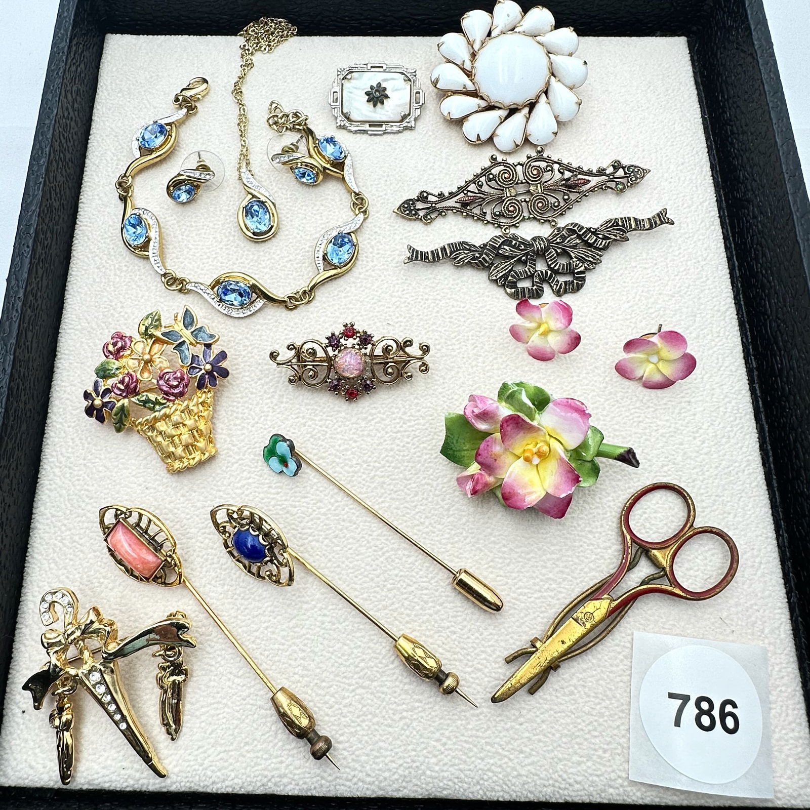 Vintage Jewelry Group England Porcelain Flower Pin Earrings Stick Pins Purple Crystal Set: Vintage Jewelry Group England Porcelain Flower Pin Earrings Stick Pins Purple Crystal Set