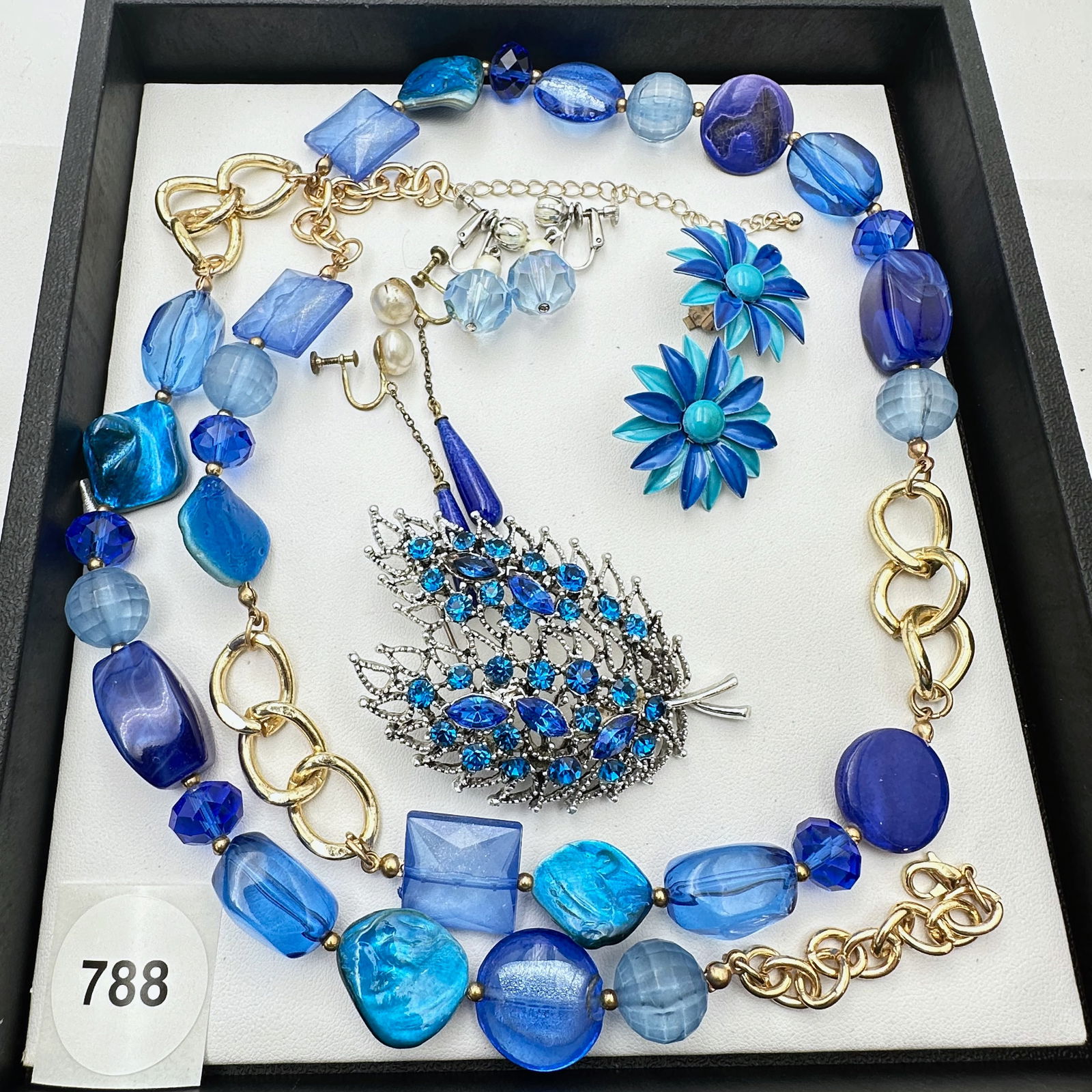 Vintage Jewelry Group Blue Rhinestone Brooch Enamel Clip Earrings Blue Lucite Necklace: Vintage Jewelry Group Blue Rhinestone Brooch Enamel Clip Earrings Blue Lucite Necklace