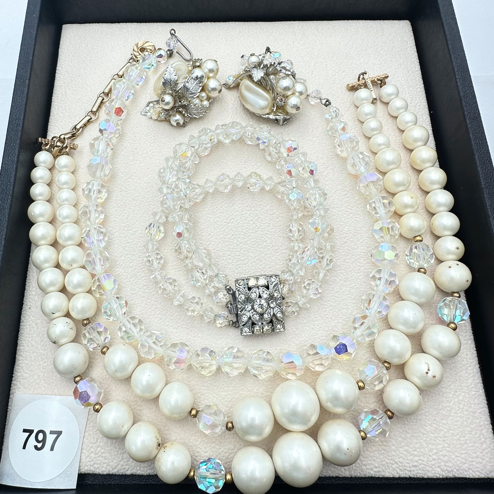 Vintage Jewelry Group Aurora Borealis Necklace and Bracelet Faux Pearl Necklace and Coordinating (1 of 2)