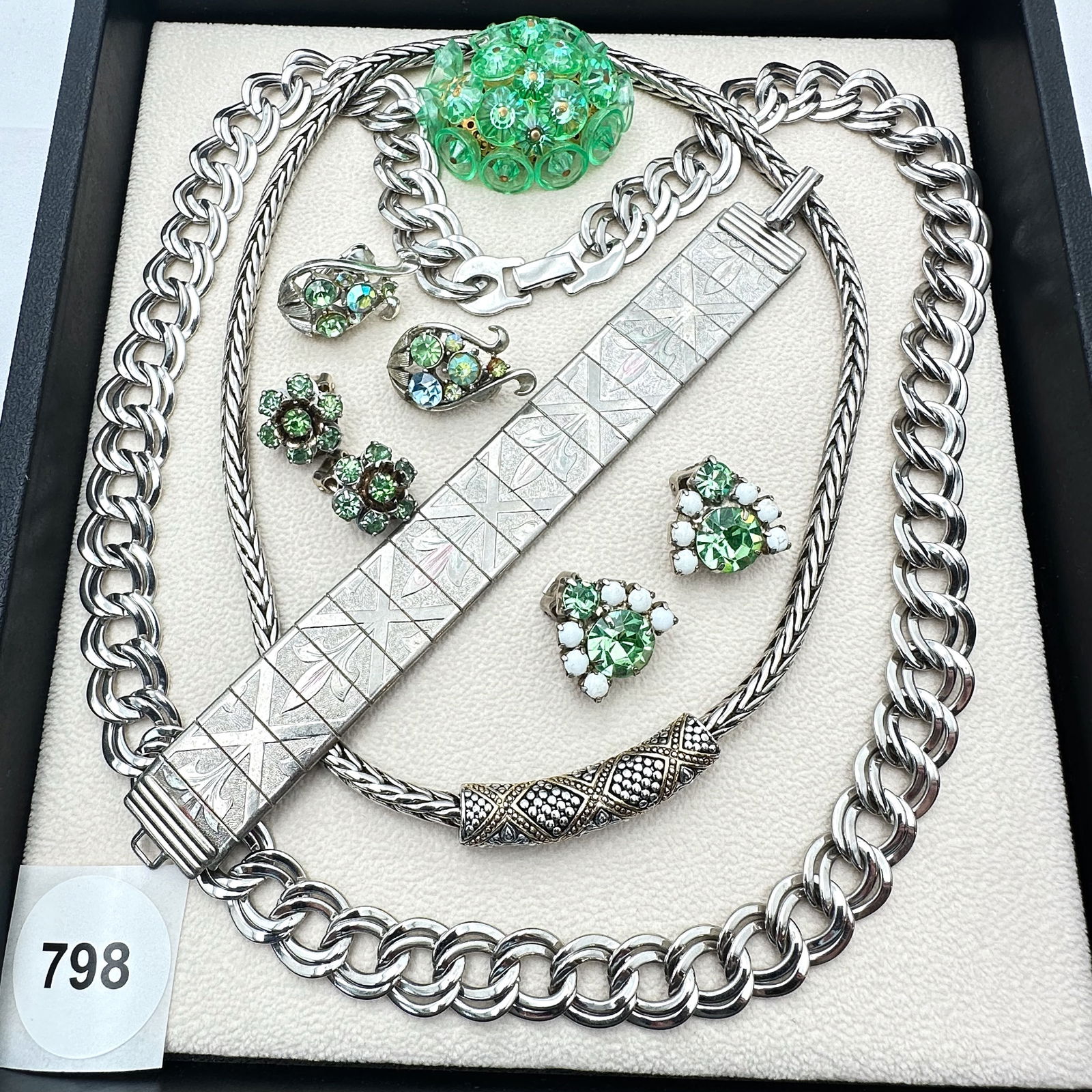 Vintage Jewelry Group Silver Tone Chain Necklaces Bracelet Clip Earrings and Green Crystal Brooch (1 of 2)