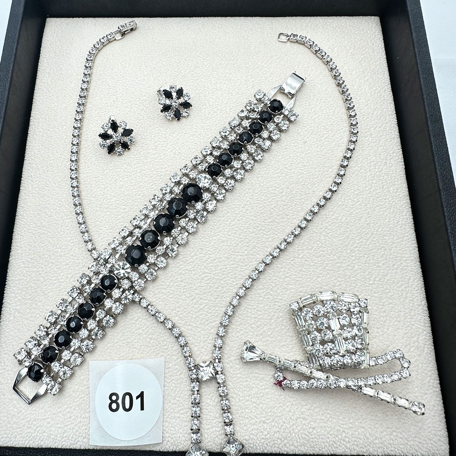 Vintage Jewelry Group Clear and Black Rhinestone Bracelet Necklace Earrings and Brooch Pin (1 of 2)