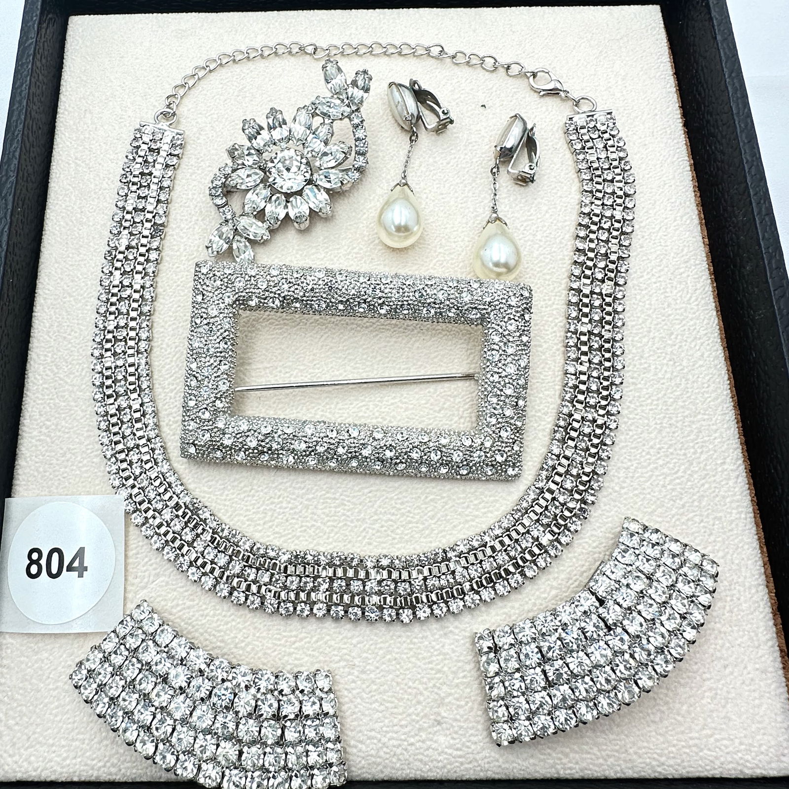 Vintage Jewelry Group Clear Glass Rhinestone Necklace Brooch Shoe Clips Earrings: Vintage Jewelry Group Clear Glass Rhinestone Necklace Brooch Shoe Clips Earrings