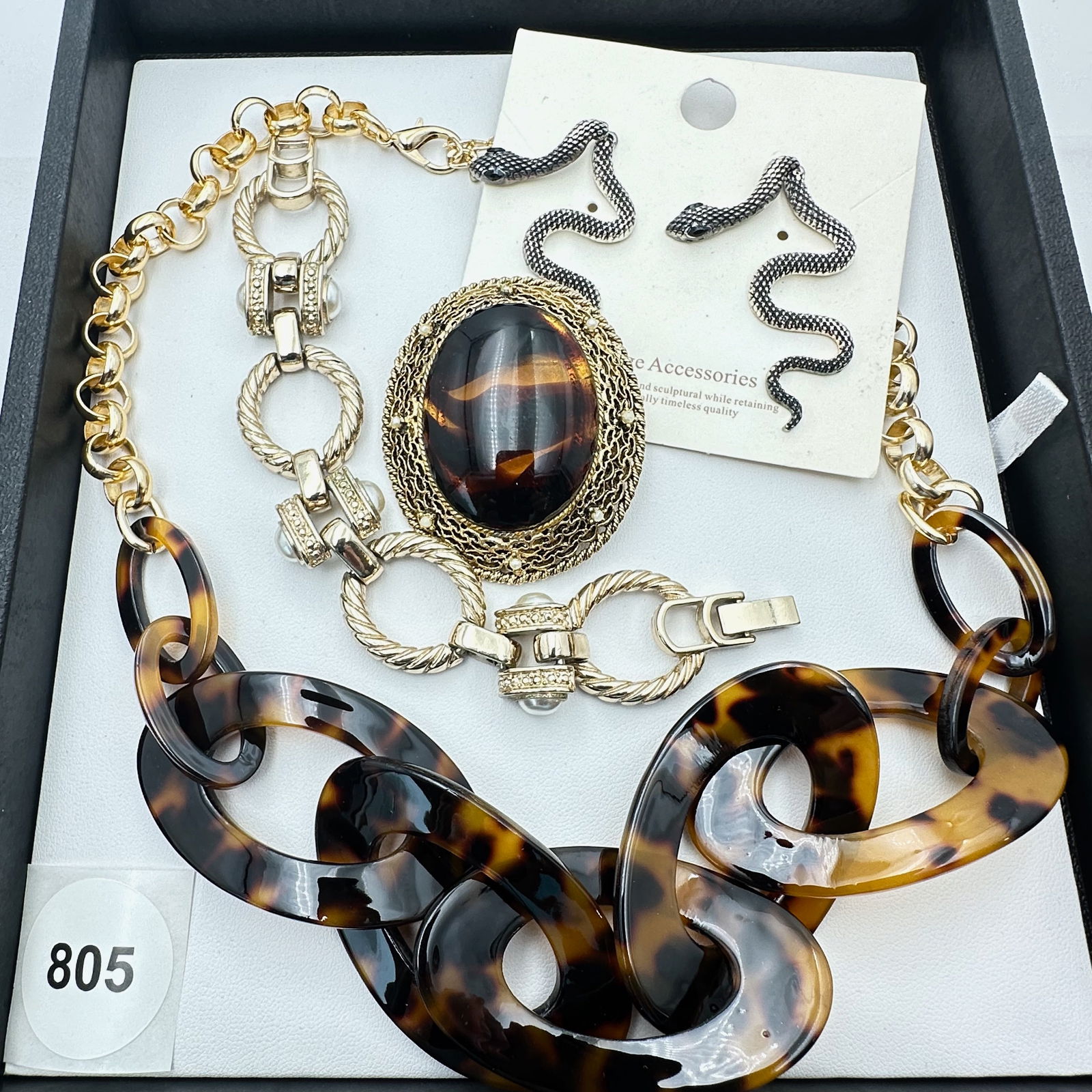 Vintage Jewelry Group Faux Tortoise Gold Tone Snake Earrings Brooch Necklace Bracelet (1 of 2)