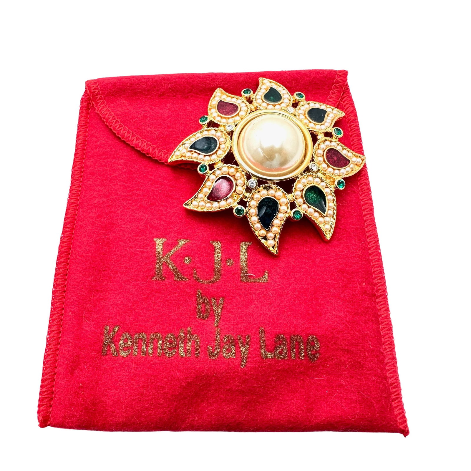 Vintage Kenneth Jay Lane KJL Maltese Cross Multicolor Gold Tone Pin Brooch 2.25 Inch Pouche Included (1 of 2)