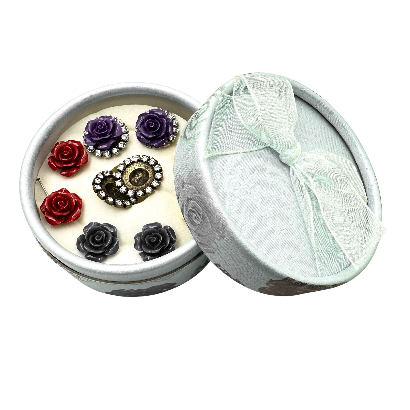 Sweet Romance Interchangeable Rose Magnetic Pierced Earrings Silver Tone Original Box: Sweet Romance Interchangeable Rose Magnetic Pierced Earrings Silver Tone Original Box