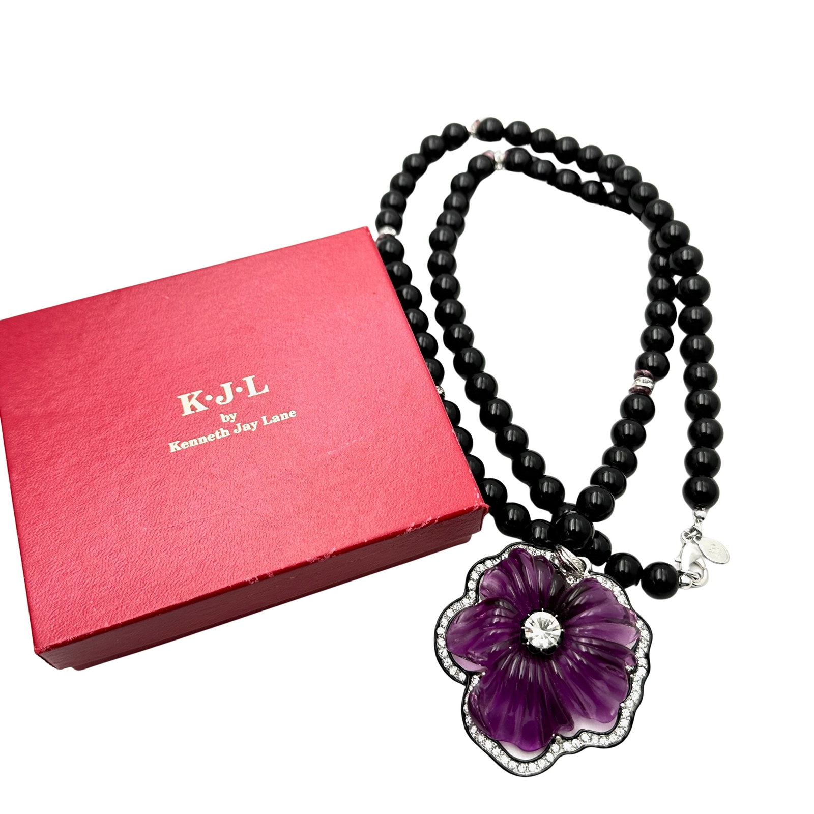 Vintage Kenneth Jay Lane KJL Clear Crystal Purple Flower Pendant Black Bead Necklace 30 Inch Length: Vintage Kenneth Jay Lane KJL Clear Crystal Purple Flower Pendant Black Bead Necklace 30 Inch Length Original Box