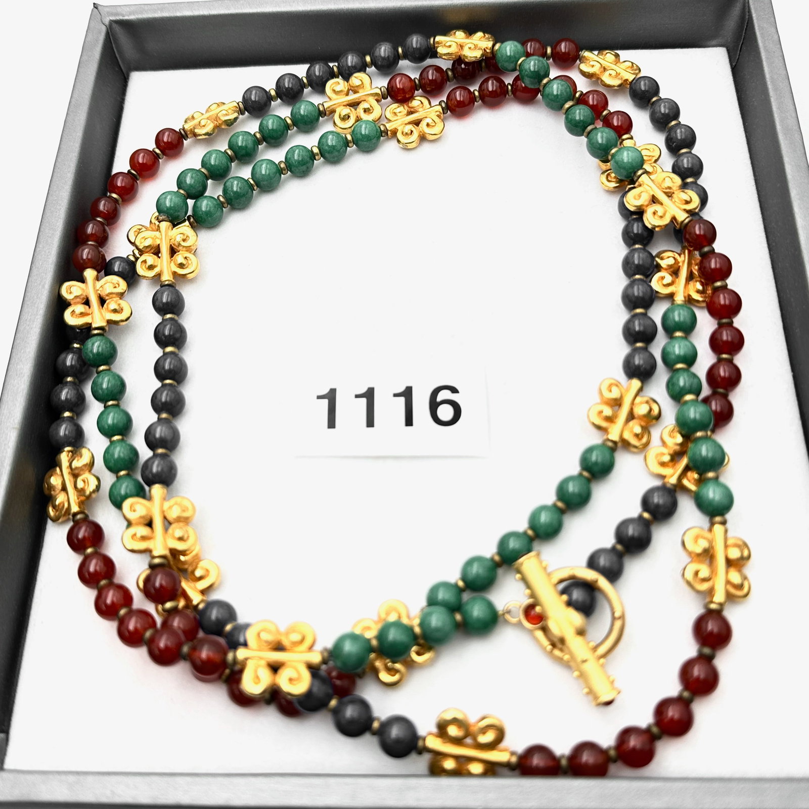 Vintage 1980s Era Jewel Tone Glass Bead Matte Gold Tone Station Necklace 56 Inch Length Unsigned: Vintage 1980s Era Jewel Tone Glass Bead Matte Gold Tone Station Necklace 56 Inch Length Unsigned Designer