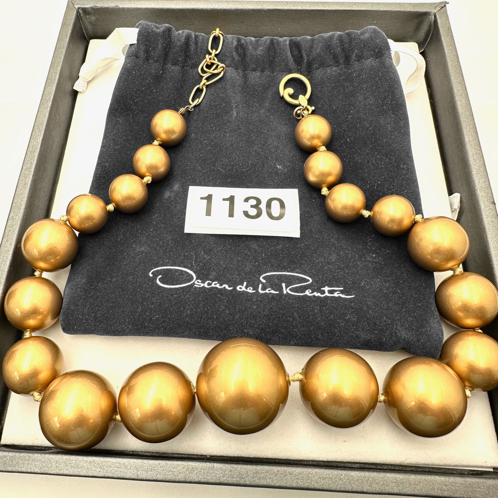 Vintage Oscar de la Rental Graduated Gold Beads Matte Gold Tone Necklace 16 to 18 Inch Includes: Vintage Oscar de la Rental Graduated Gold Beads Matte Gold Tone Necklace 16 to 18 Inch Includes Original Pouche