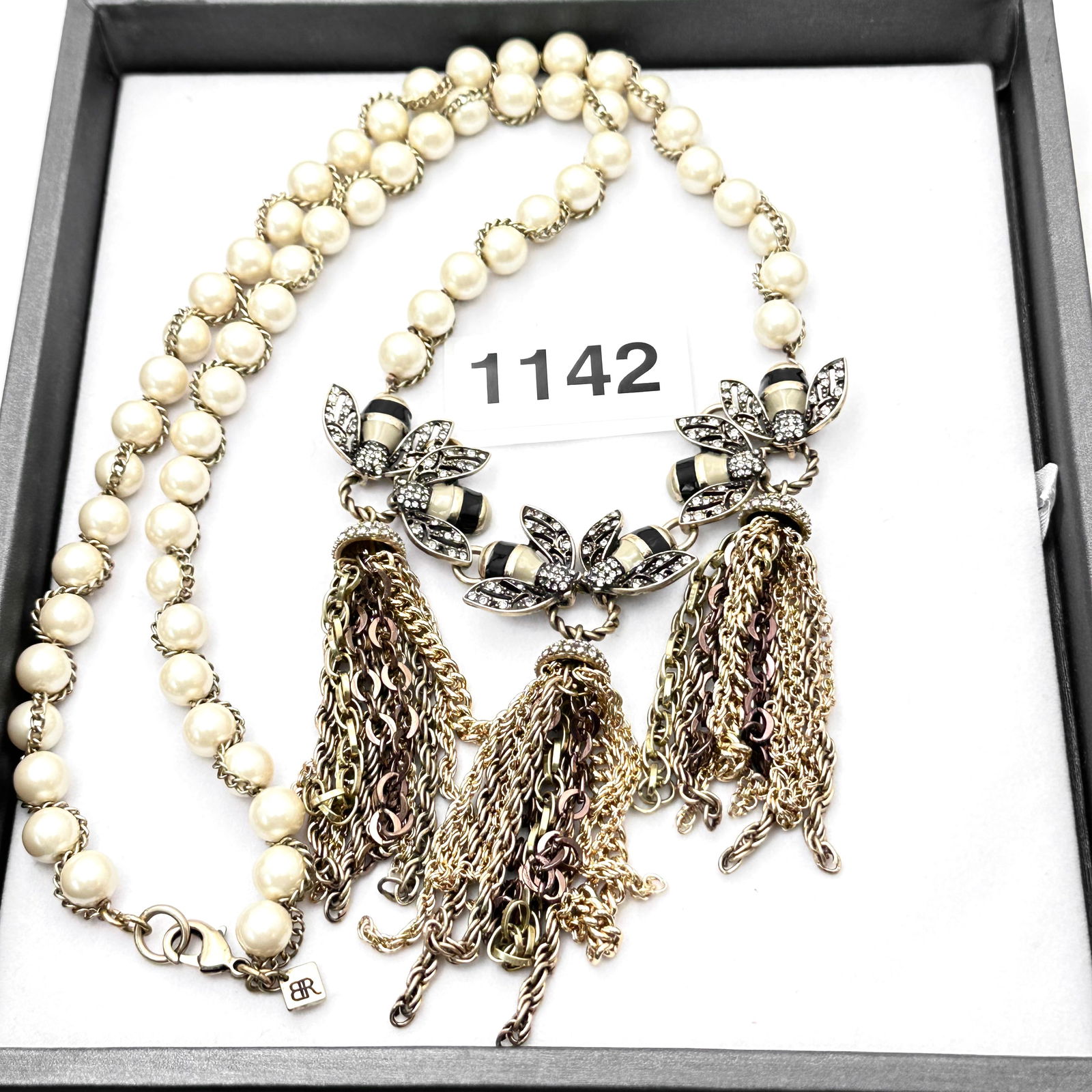 Enamel and Crystal Bee Pendant Gold Tone Glass Pearl Necklace 28 Inch Length: Enamel and Crystal Bee Pendant Gold Tone Glass Pearl Necklace 28 Inch Length