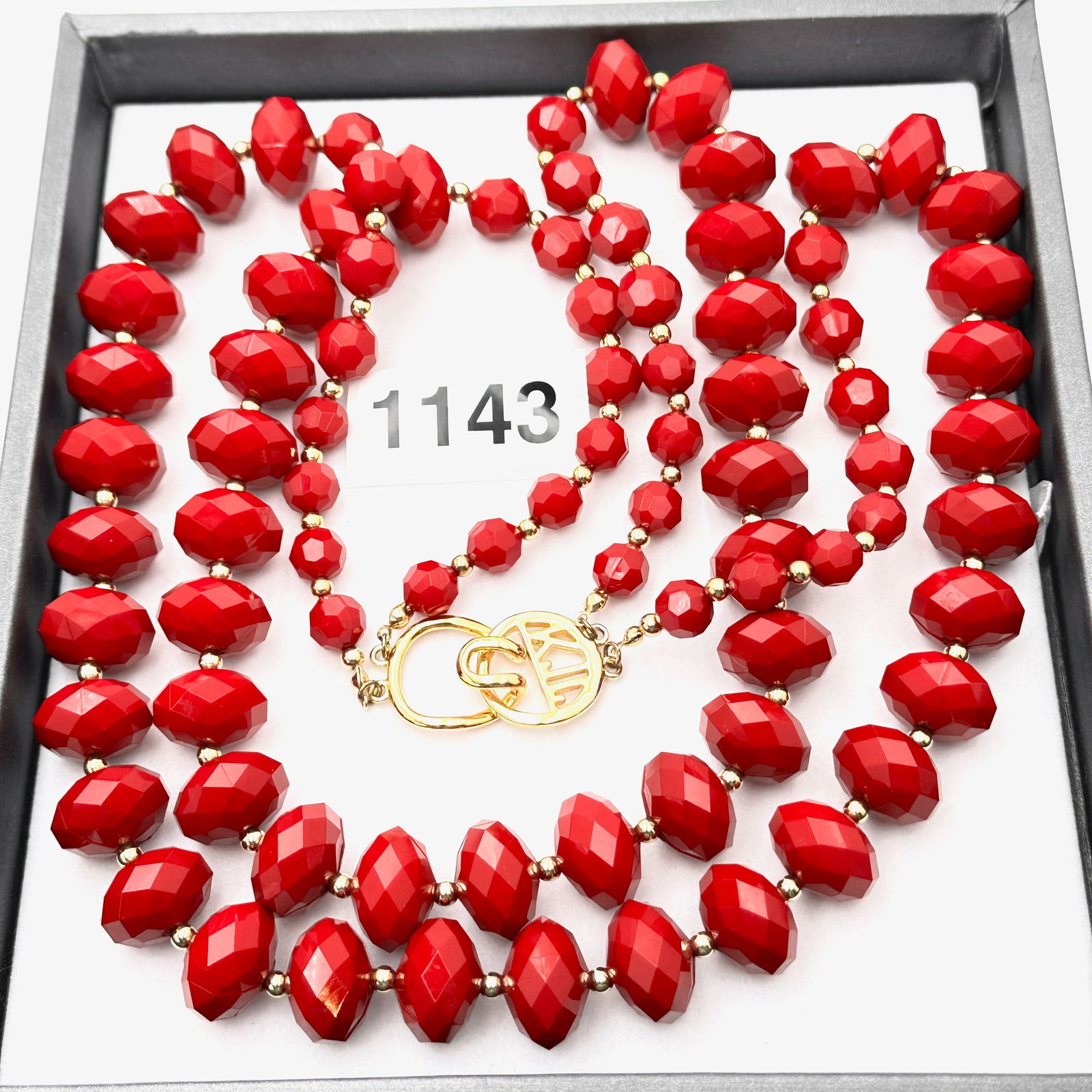 Vintage Kenneth Jay Lane KJL Red Faceted Bead Gold Tone Necklace 24 Inch Nice Heavy Quality for (1 of 2)