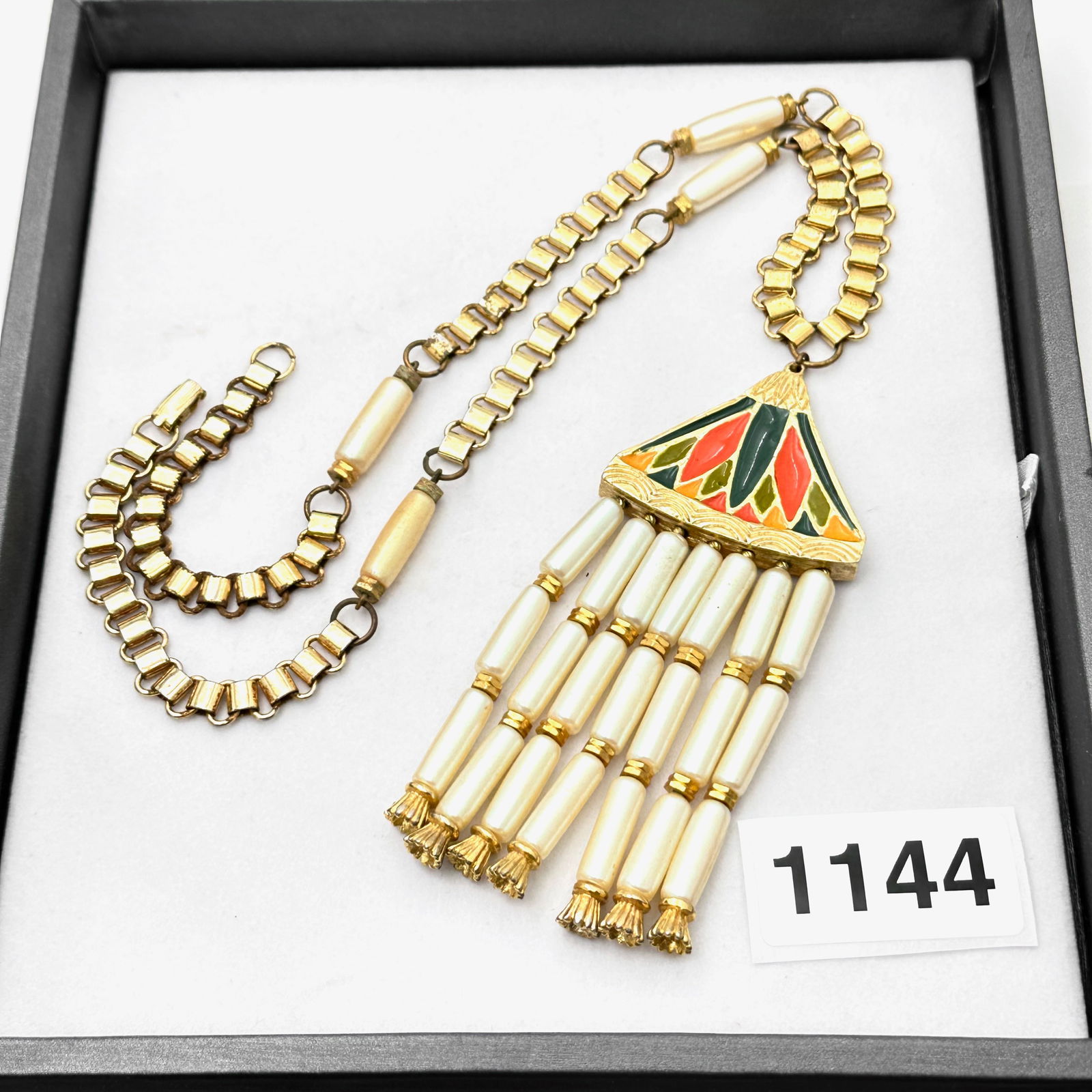 Vintage Unsigned Hattie Carnegie Egyptian Revival Lotus Necklace Glass Pearl Enamel Gold Tone: Vintage Unsigned Hattie Carnegie Egyptian Revival Lotus Necklace Glass Pearl Enamel Gold Tone