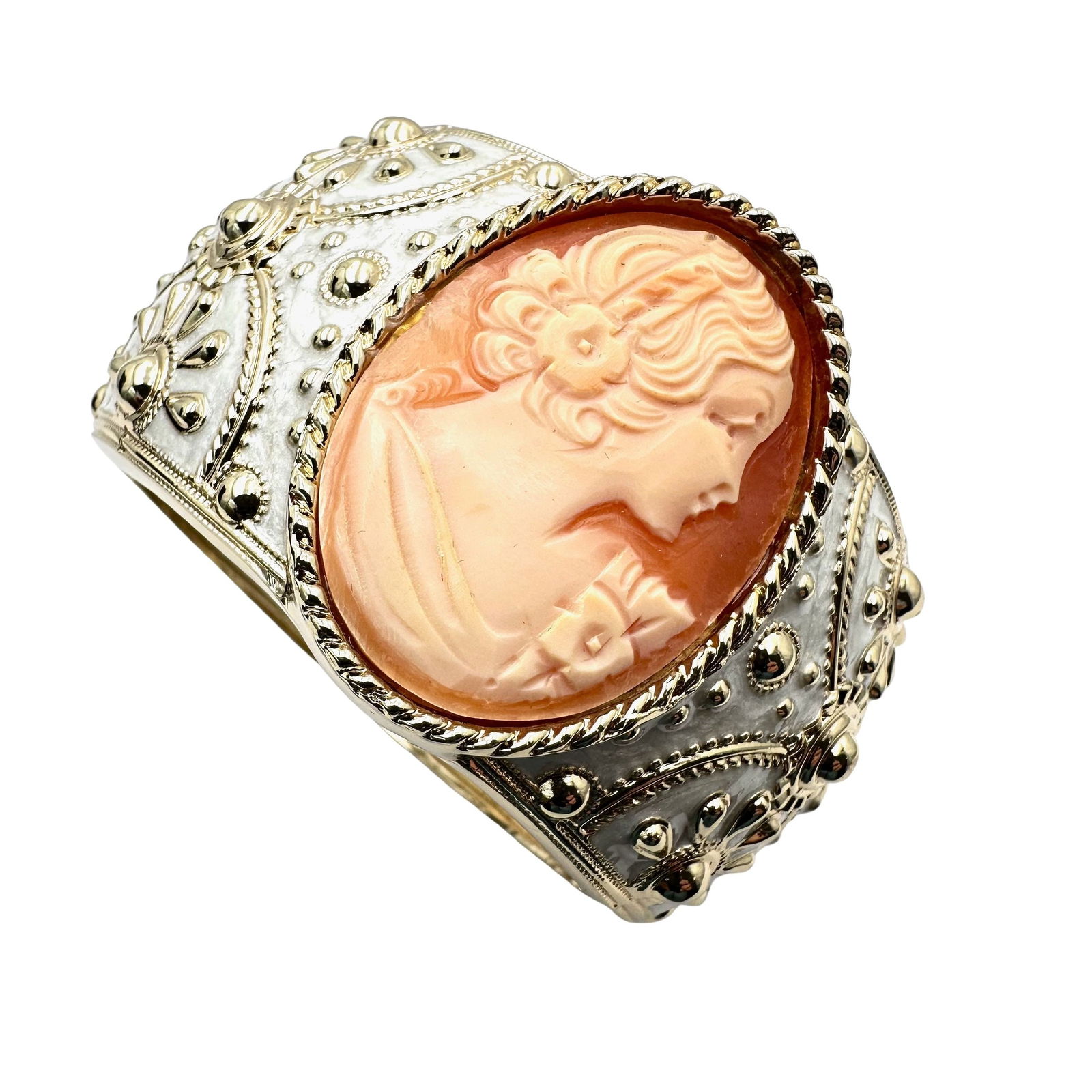 Amedeo NYC Carved Shell Cameo Wide Enamel Gold Tone Hinged Bangle Bracelet 7.5 Inch (1 of 2)