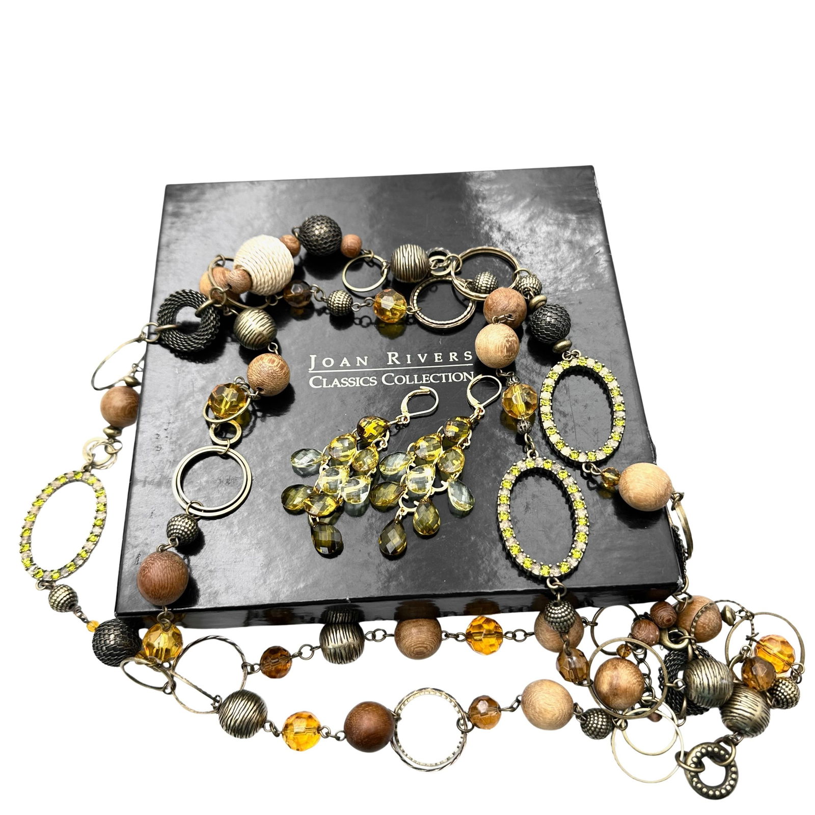 Vintage Joan Rivers Amber Crystal Antiqued Gold tone Necklace Crystal Pierced Earrings Original Box: Vintage Joan Rivers Amber Crystal Antiqued Gold tone Necklace Crystal Pierced Earrings Original Box