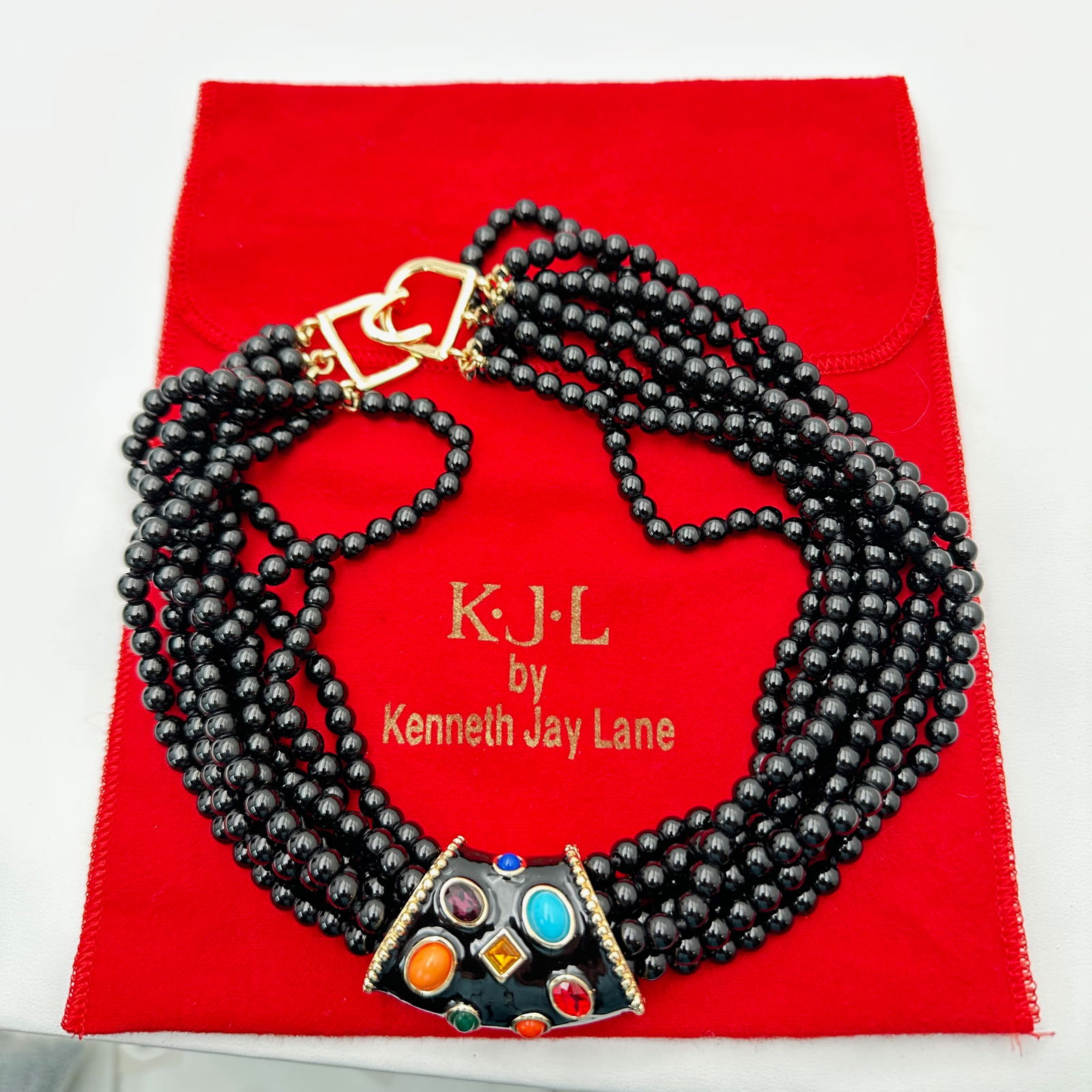 Vintage Kenneth Jay Lane KJL Jewel Tone Black Enamel Gold Tone Pendant Multi Strand Necklace: Vintage Kenneth Jay Lane KJL Jewel Tone Black Enamel Gold Tone Pendant Multi Strand Necklace Original Pouche