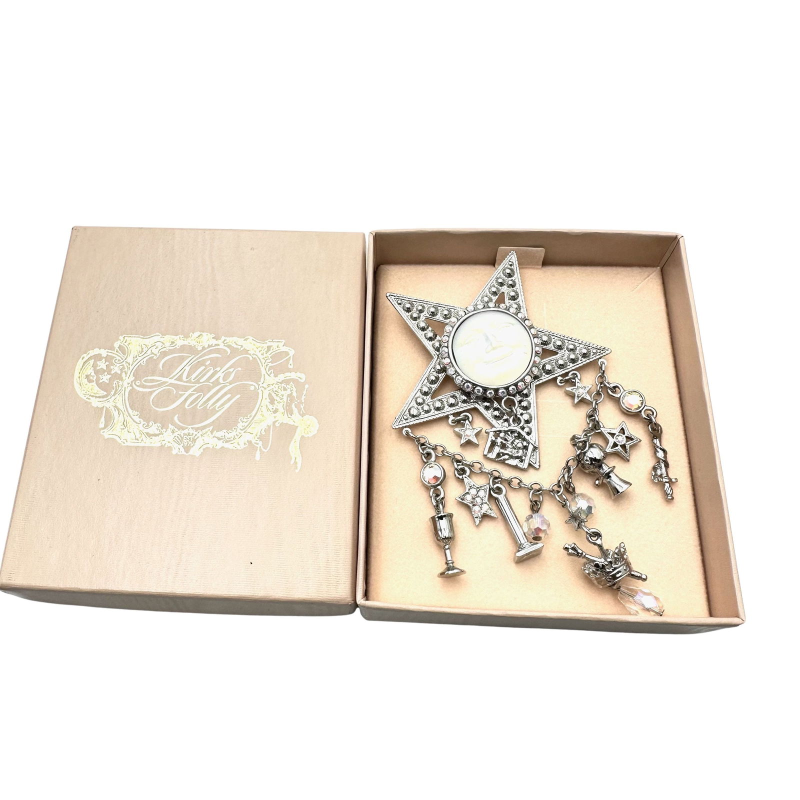 Vintage Kirks Folly Moon Goddess Silver Tone Star Charm Brooch Pin Original Box: Vintage Kirks Folly Moon Goddess Silver Tone Star Charm Brooch Pin Original Box