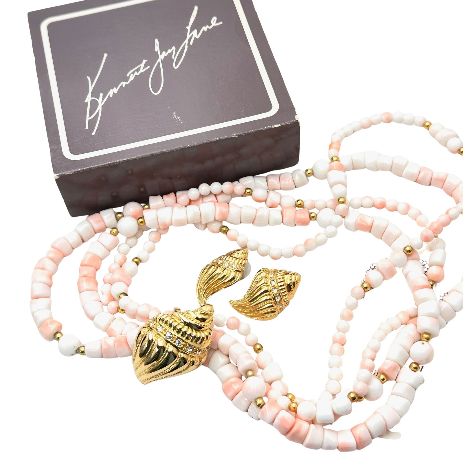 Vintage Kenneth Jay Lane KJL Under the Sea Necklace and Matching Pierced Earrings Pink Coral Shell: Vintage Kenneth Jay Lane KJL Under the Sea Necklace and Matching Pierced Earrings Pink Coral Shell Design