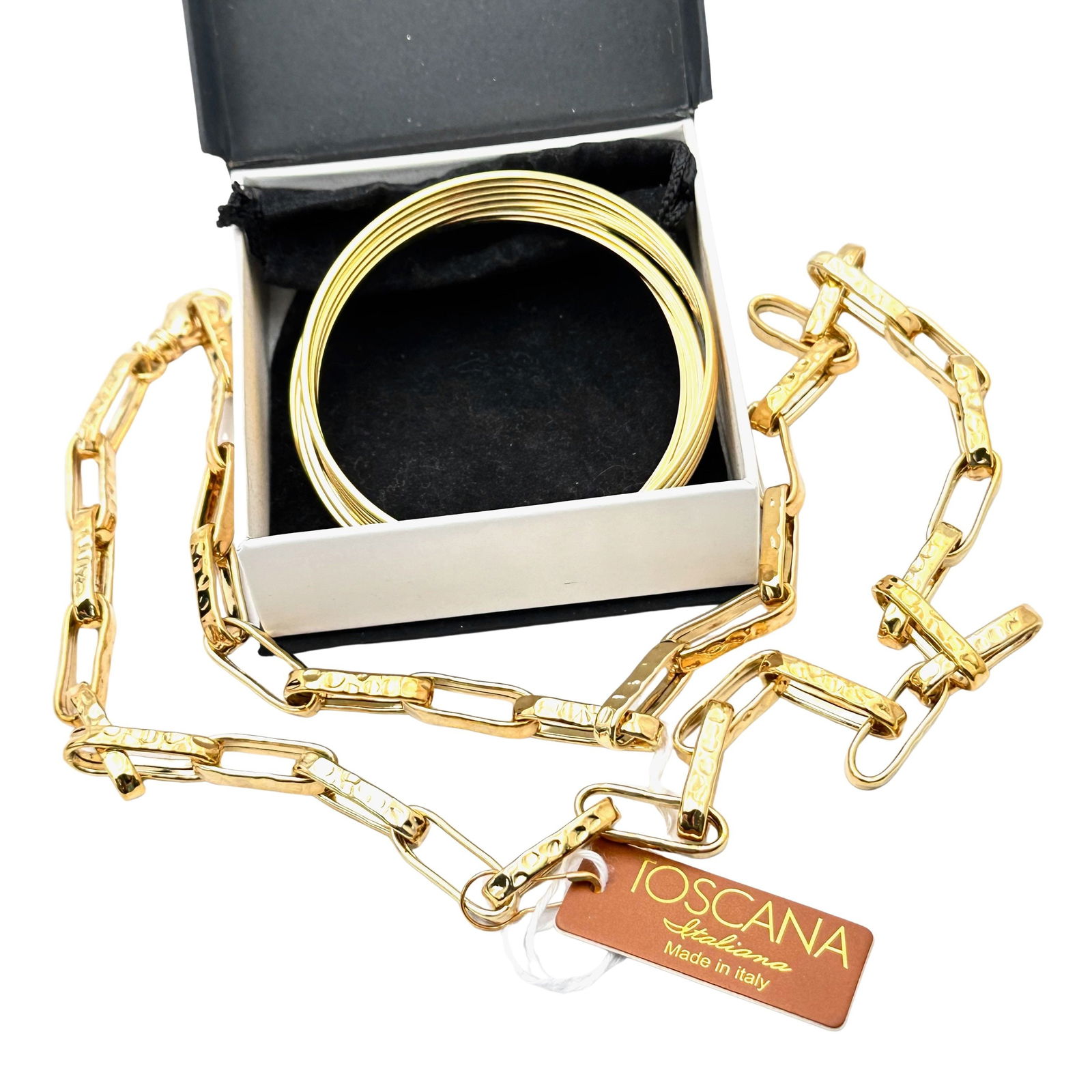 Toscana Italiana Made in Italy 18K Gold Plated Paper Clip Necklace and Bangle Bracelets Original Box: Toscana Italiana Made in Italy 18K Gold Plated Paper Clip Necklace and Bangle Bracelets Original Box