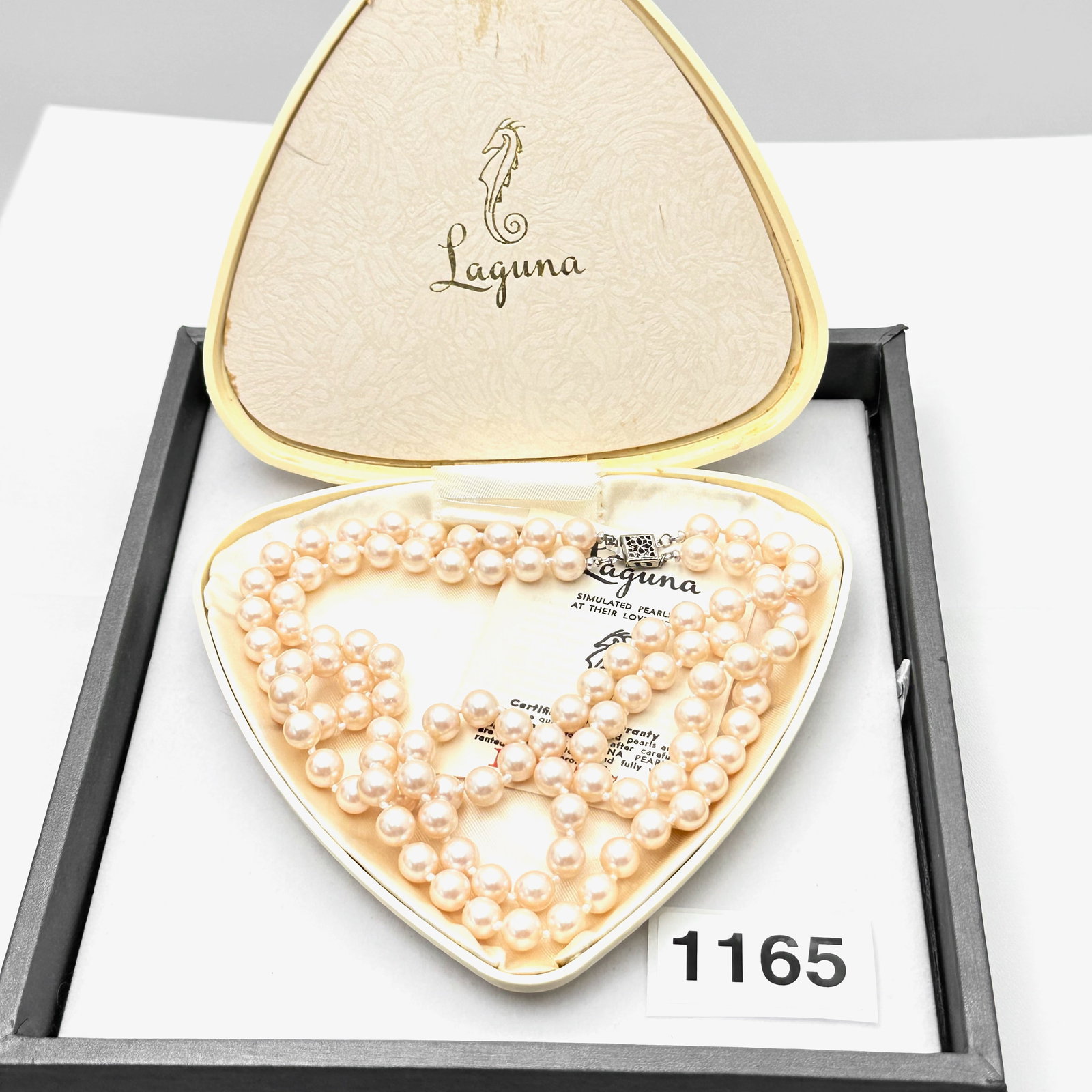 Vintage Laguna Simulated Glass Pearl Necklace 18 Inch Original Celluloid Box and Paperwork: Vintage Laguna Simulated Glass Pearl Necklace 18 Inch Original Celluloid Box and Paperwork