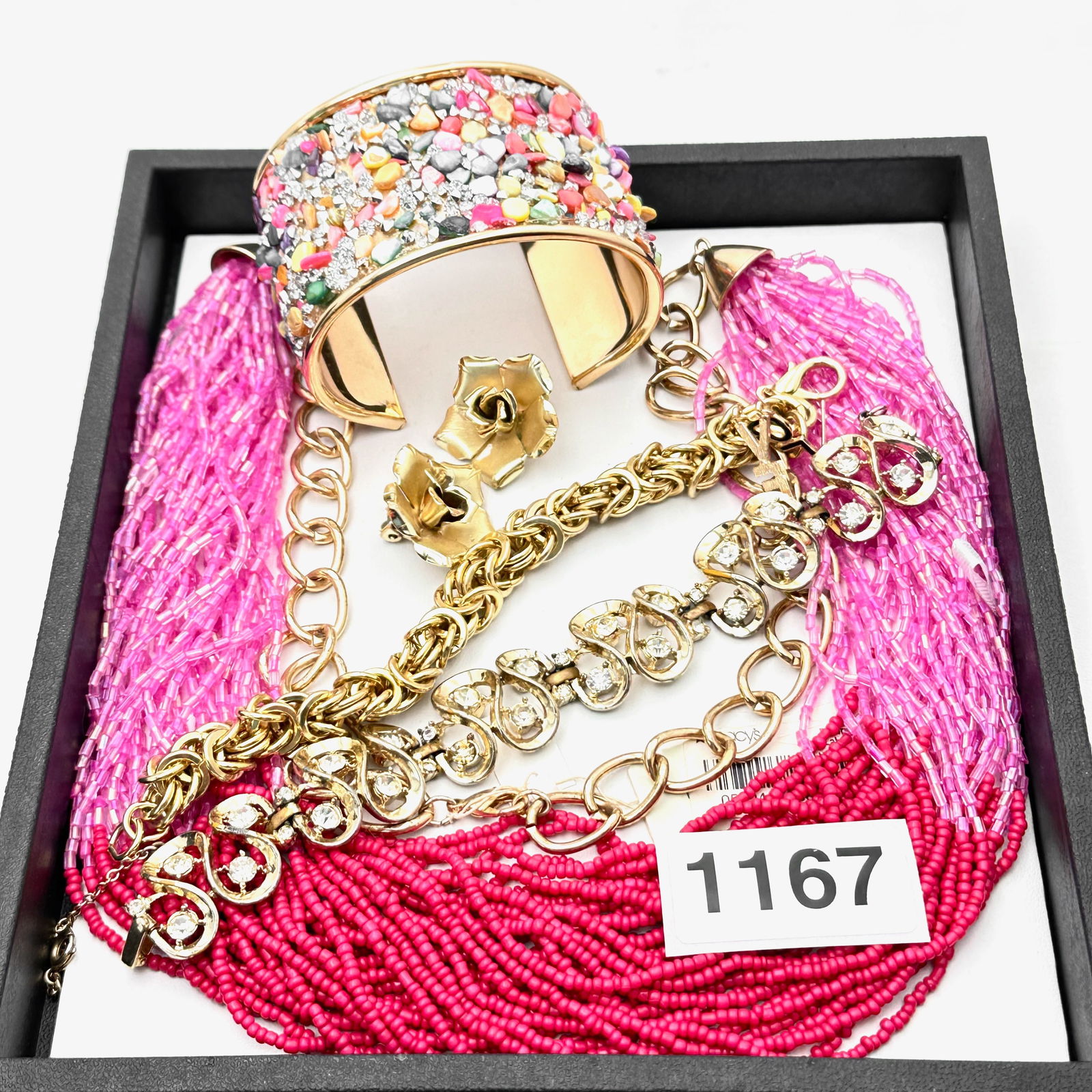 Jewelry Group Pink Necklace Crystal Gold Tone Cuff Bracelet Gold Tone Necklace: Jewelry Group Pink Necklace Crystal Gold Tone Cuff Bracelet Gold Tone Necklace