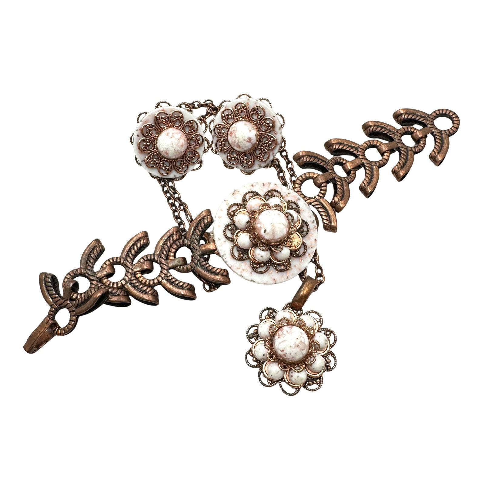 Vintage Speckled Lucite Copper Necklace Bracelet Earrings Set: Vintage Speckled Lucite Copper Necklace Bracelet Earrings Set