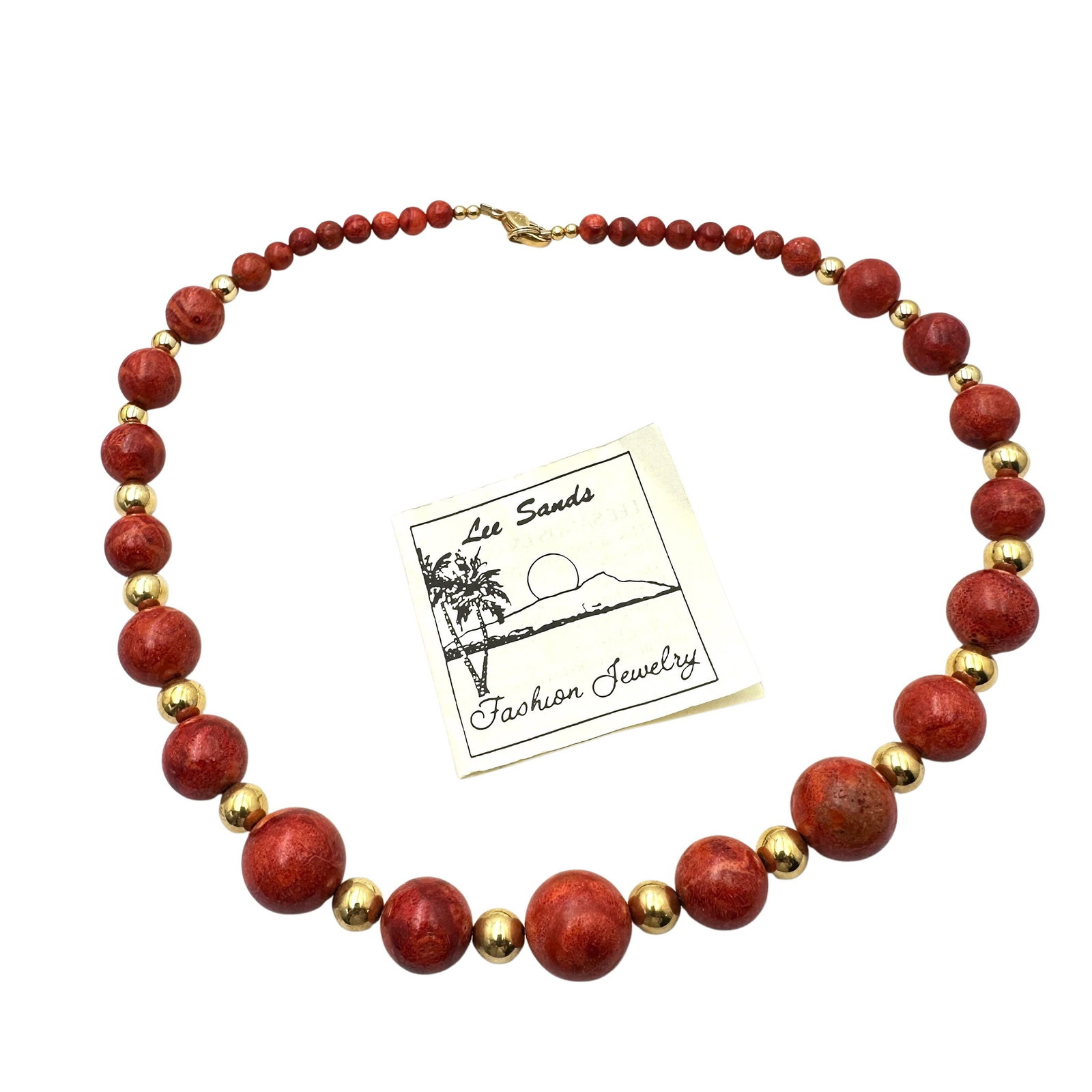 Vintage Lee Sands Red Coral Gold Tone Bead Necklace 17 Inch: Vintage Lee Sands Red Coral Gold Tone Bead Necklace 17 Inch