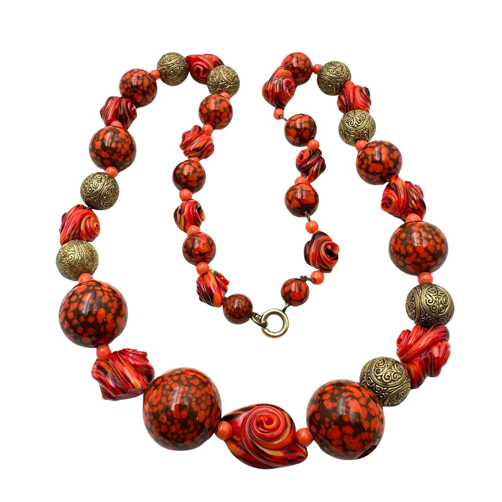 Antique Vintage Orange Red Speckled Swirl Murano Glass Bead 22 Inch Necklace Strung on Chain: Antique Vintage Orange Red Speckled Swirl Murano Glass Bead 22 Inch Necklace Strung on Chain Antiqued Gold Tone