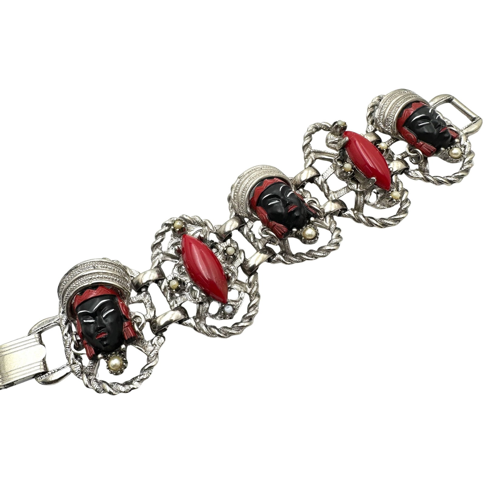 Vintage Selro Selini Black Red Asian Princess Silver Tone Bracelet 7 Inch (1 of 2)