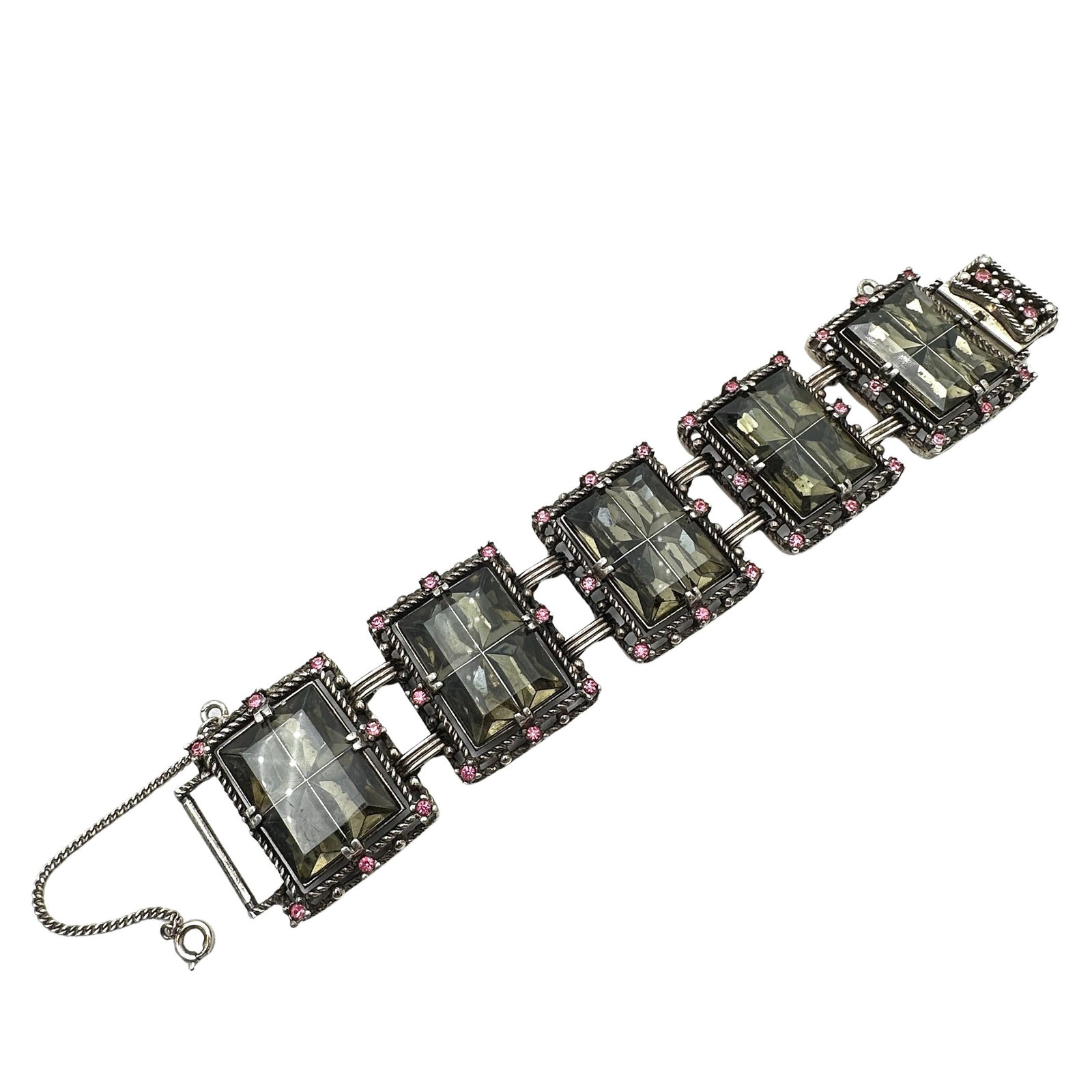 Vintage Sarah Coventry Midnight Magic Wide Rhinestone Silver Tone Bracelet 7 Inch Pink Grey (1 of 2)