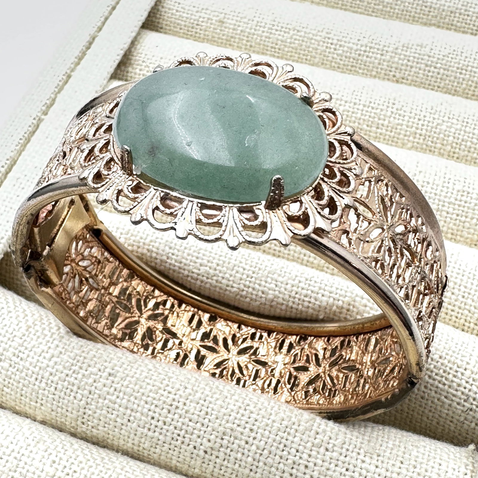 Vintage Gold Plated Filigree Green Gemstone Hinged Bangle Bracelet 6.5 Inch (1 of 2)